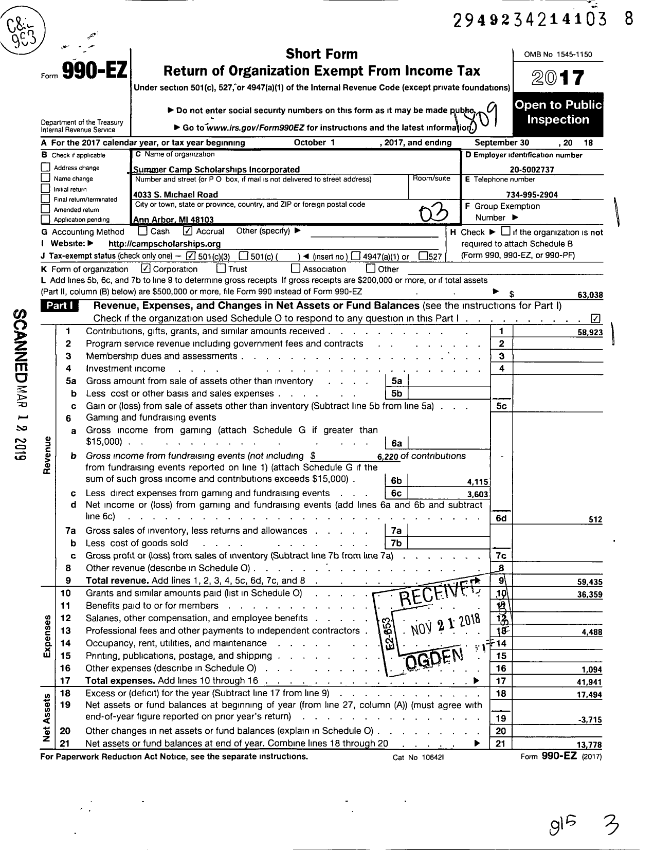 Image of first page of 2017 Form 990EZ for Summer Camp Scholarships Incoporation