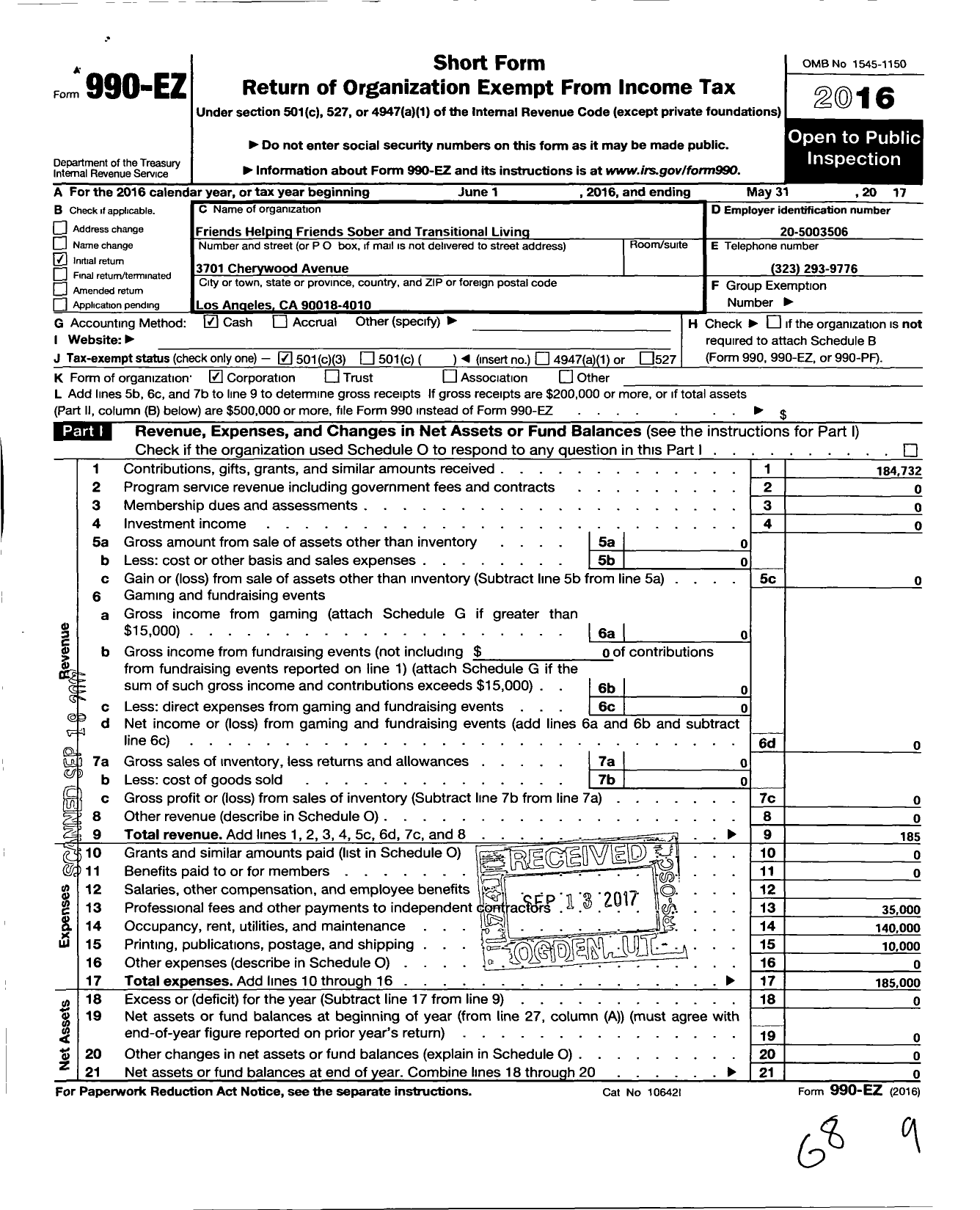 Image of first page of 2016 Form 990EZ for Friends Helping Friends Sober Transitional Living