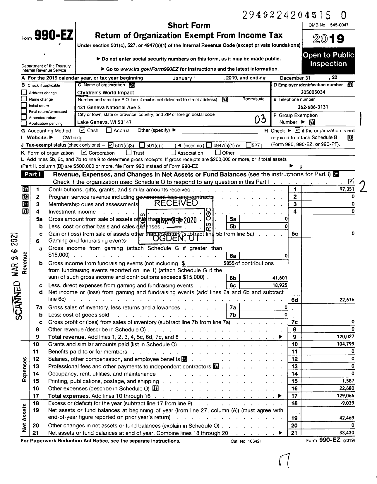 Image of first page of 2019 Form 990EZ for Childrens World Impact