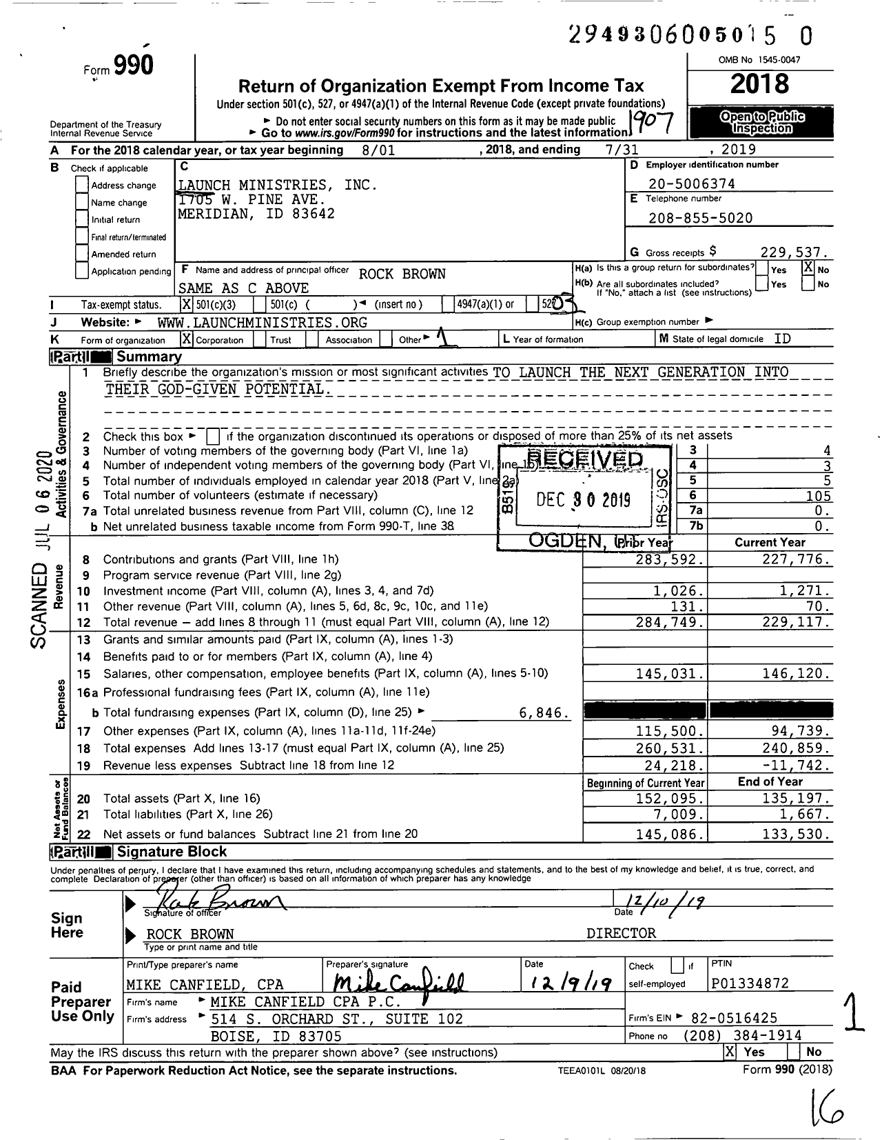 Image of first page of 2018 Form 990 for Launch Ministries