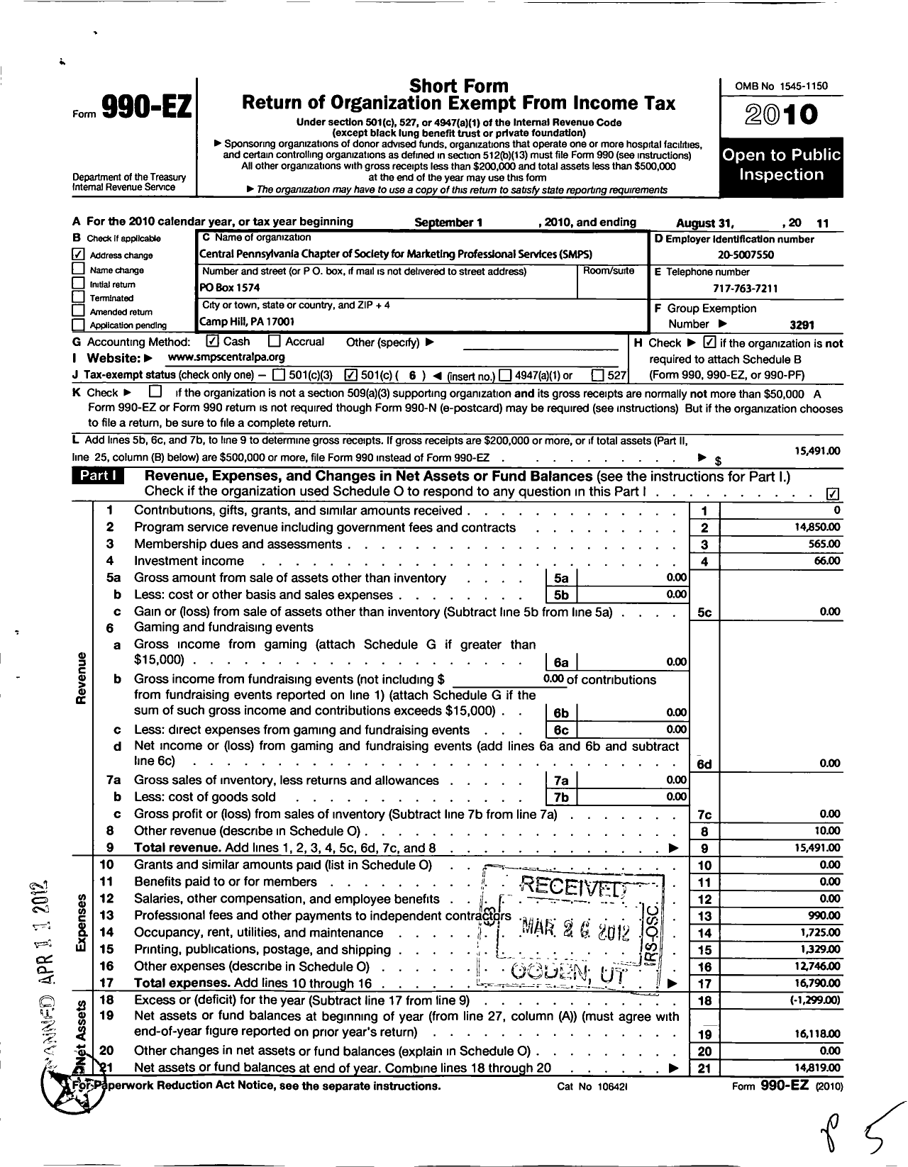 Image of first page of 2010 Form 990EO for Society for Marketing Professional Services / Central Pennsylvania Chapter of SMP