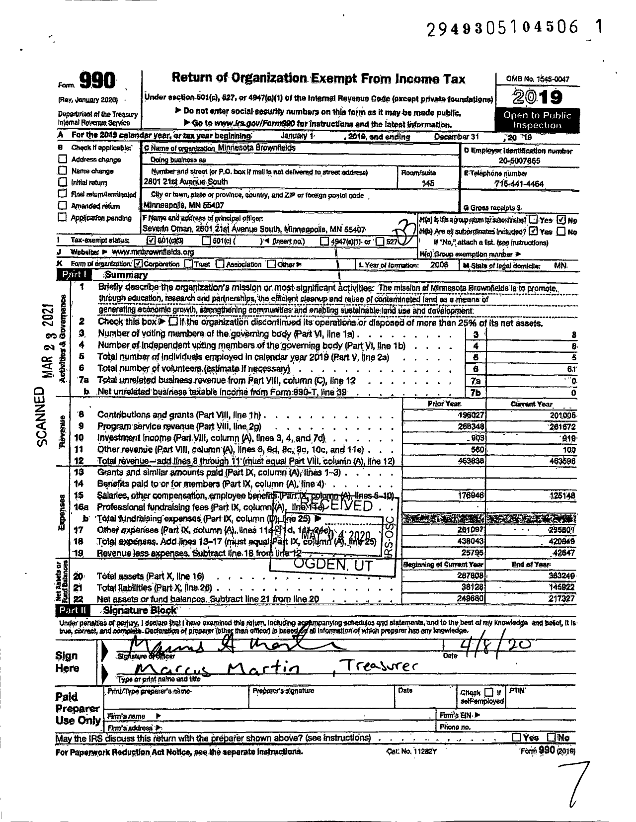 Image of first page of 2019 Form 990 for Minnesota Brownfields