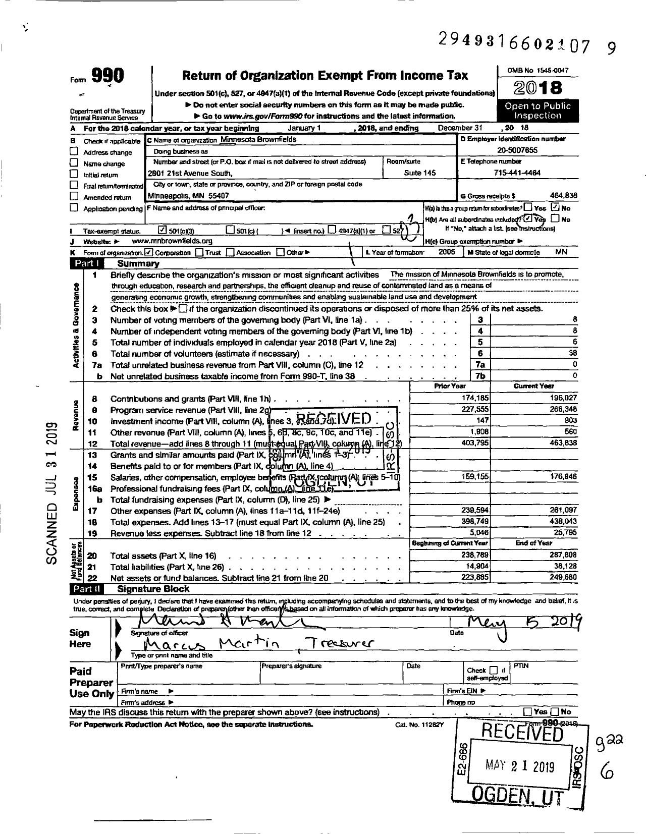 Image of first page of 2018 Form 990 for Minnesota Brownfields