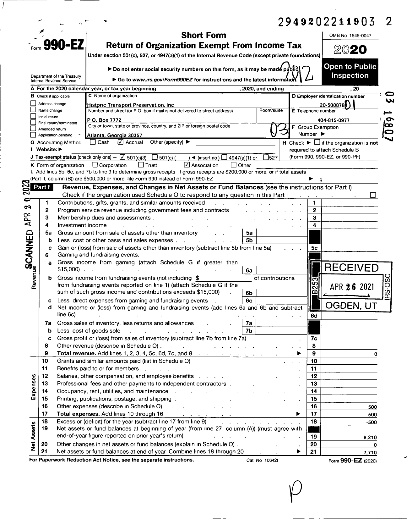 Image of first page of 2020 Form 990EZ for Historic Transport Preservation