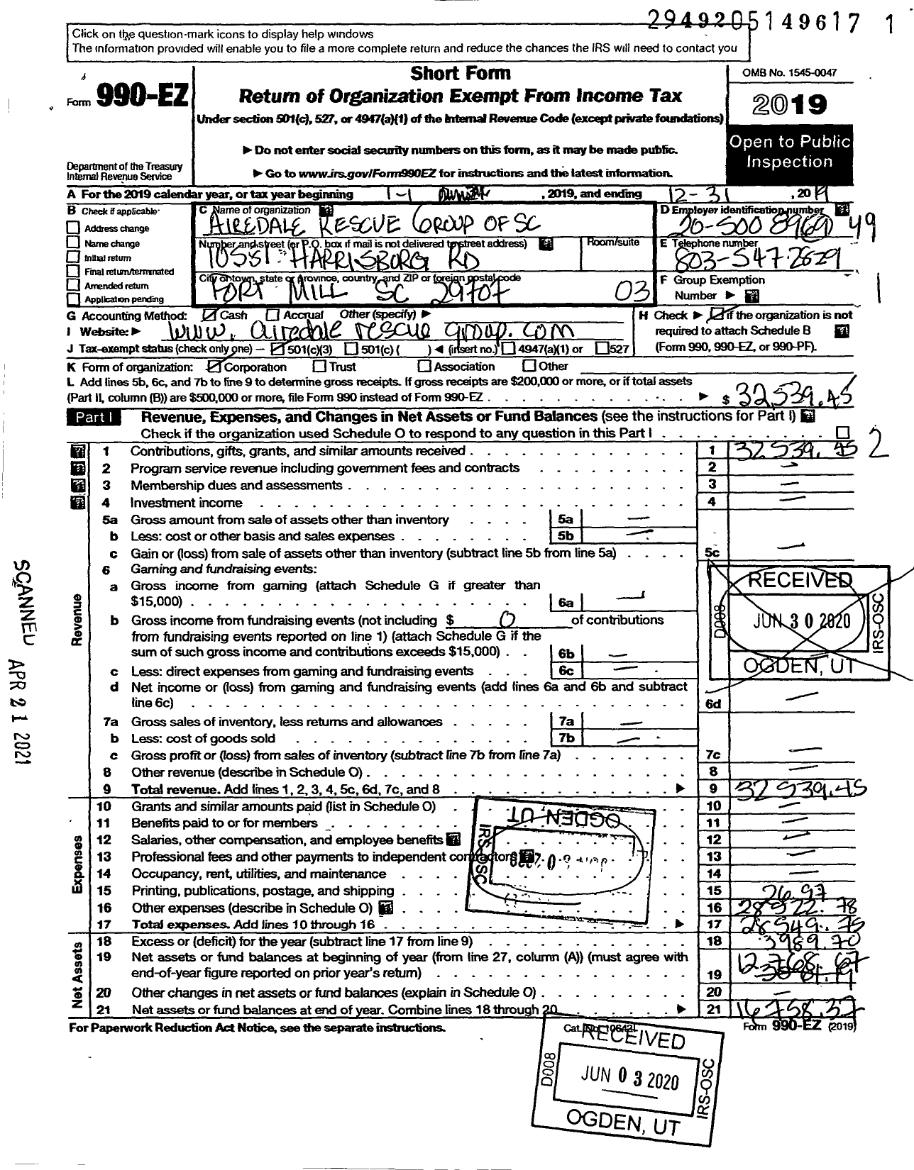 Image of first page of 2019 Form 990EZ for Airedale Rescue Group of Southcarolina