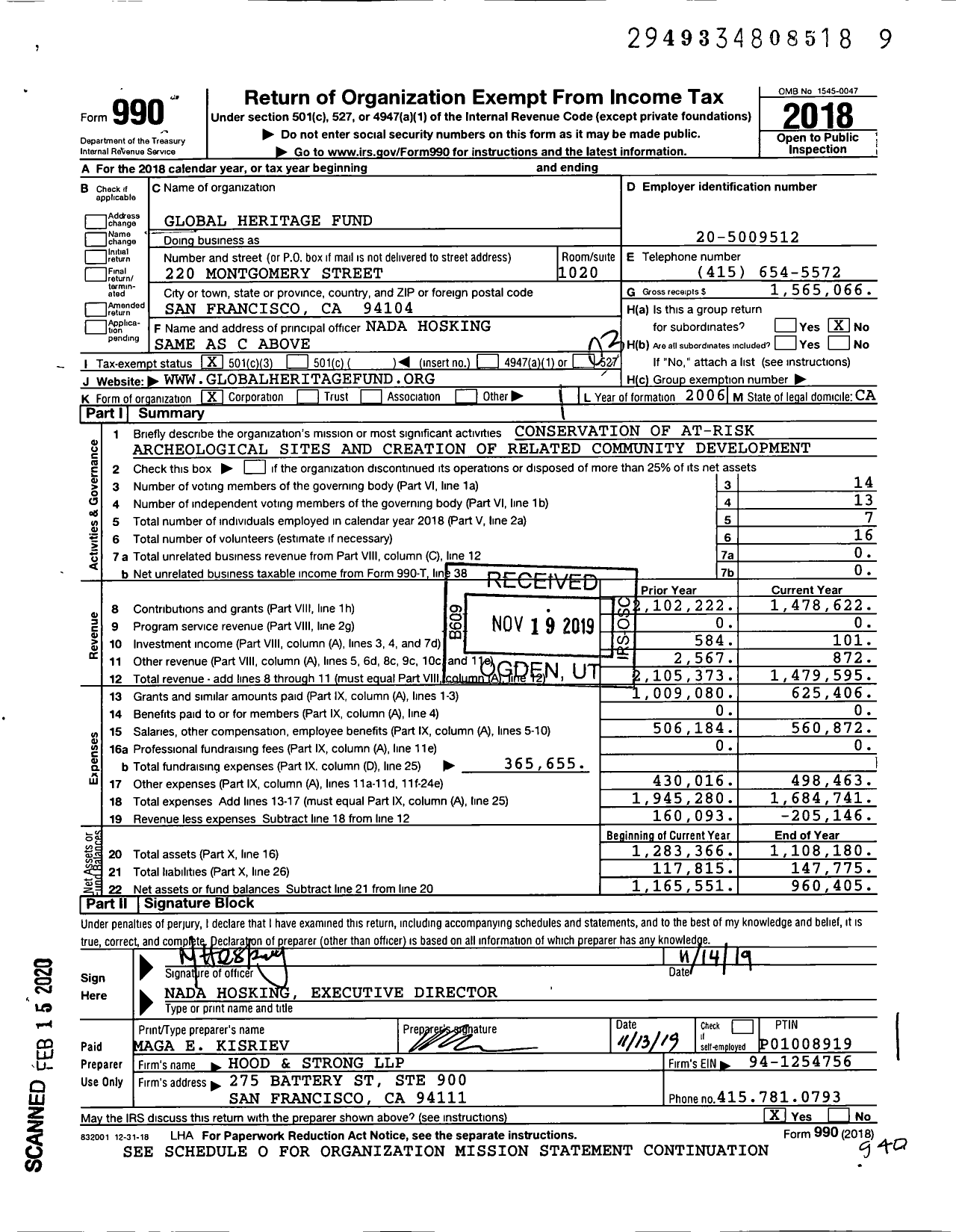 Image of first page of 2018 Form 990 for Global Heritage Fund