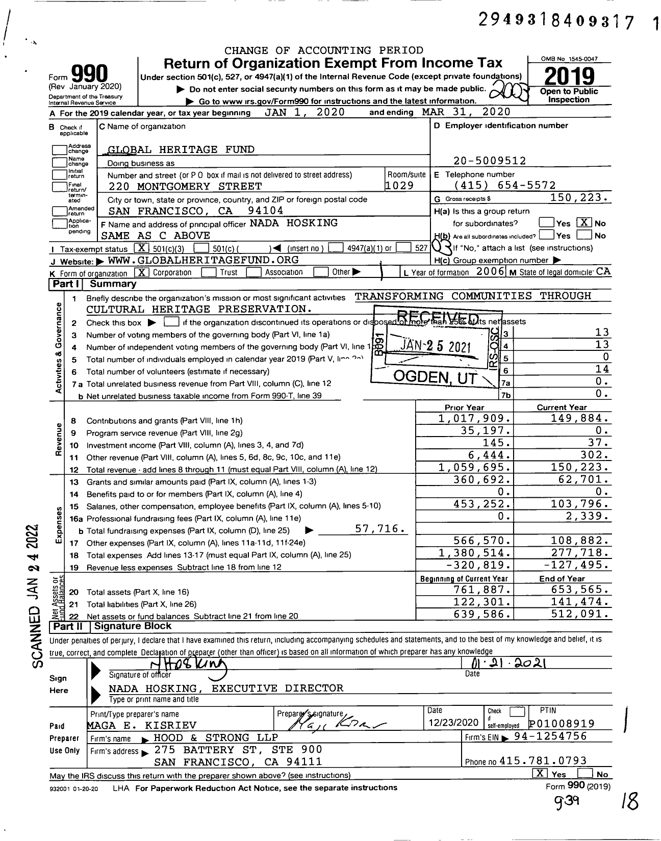 Image of first page of 2019 Form 990 for Global Heritage Fund