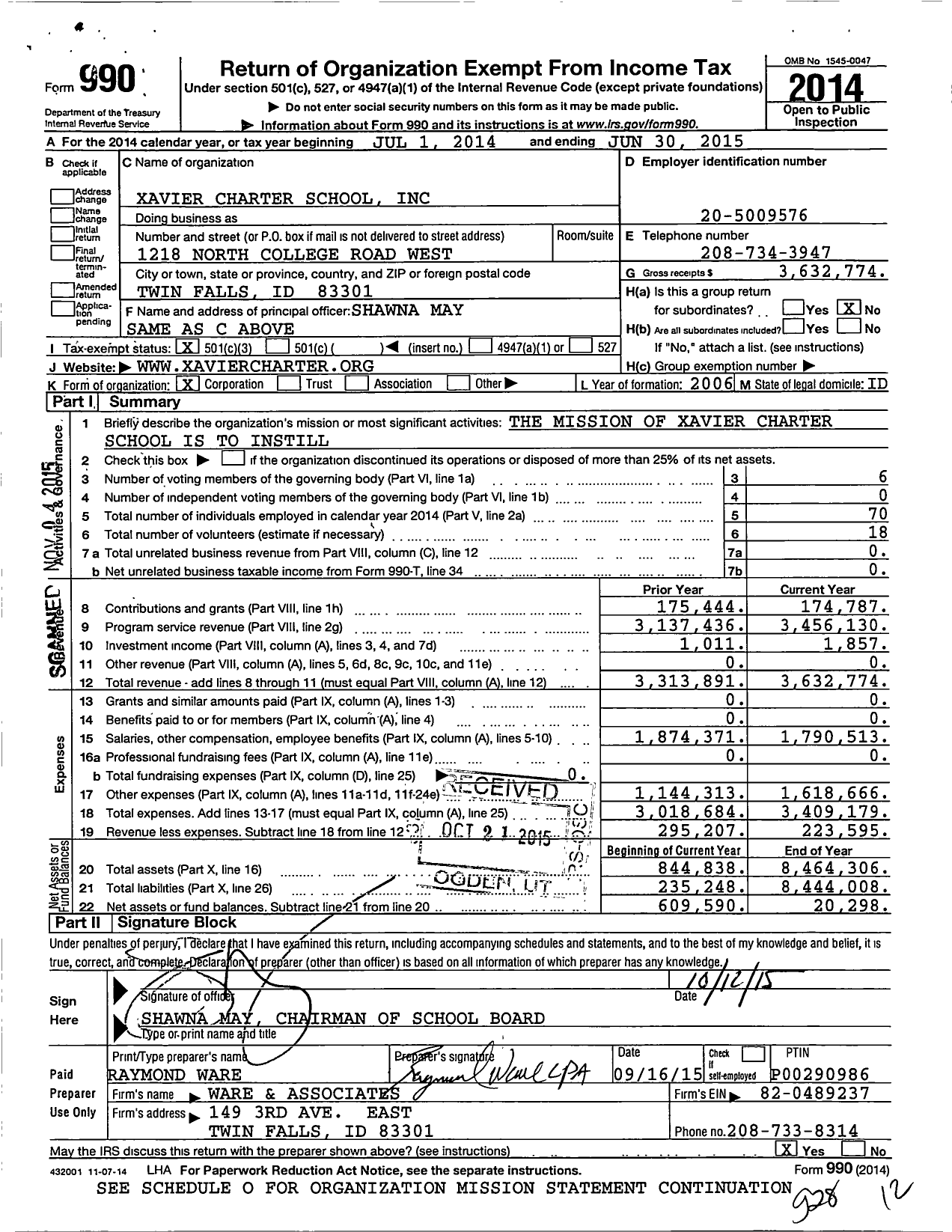 Image of first page of 2014 Form 990 for Xavier Charter School