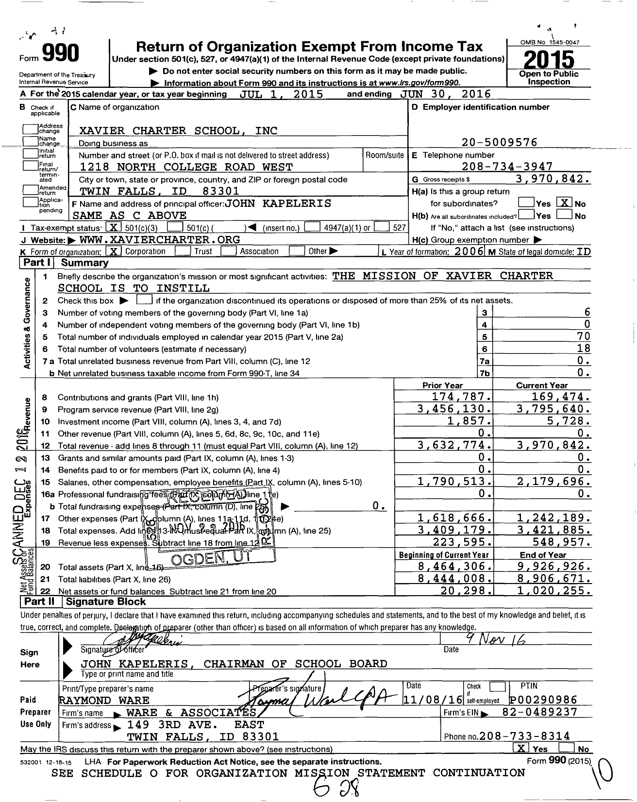 Image of first page of 2015 Form 990 for Xavier Charter School