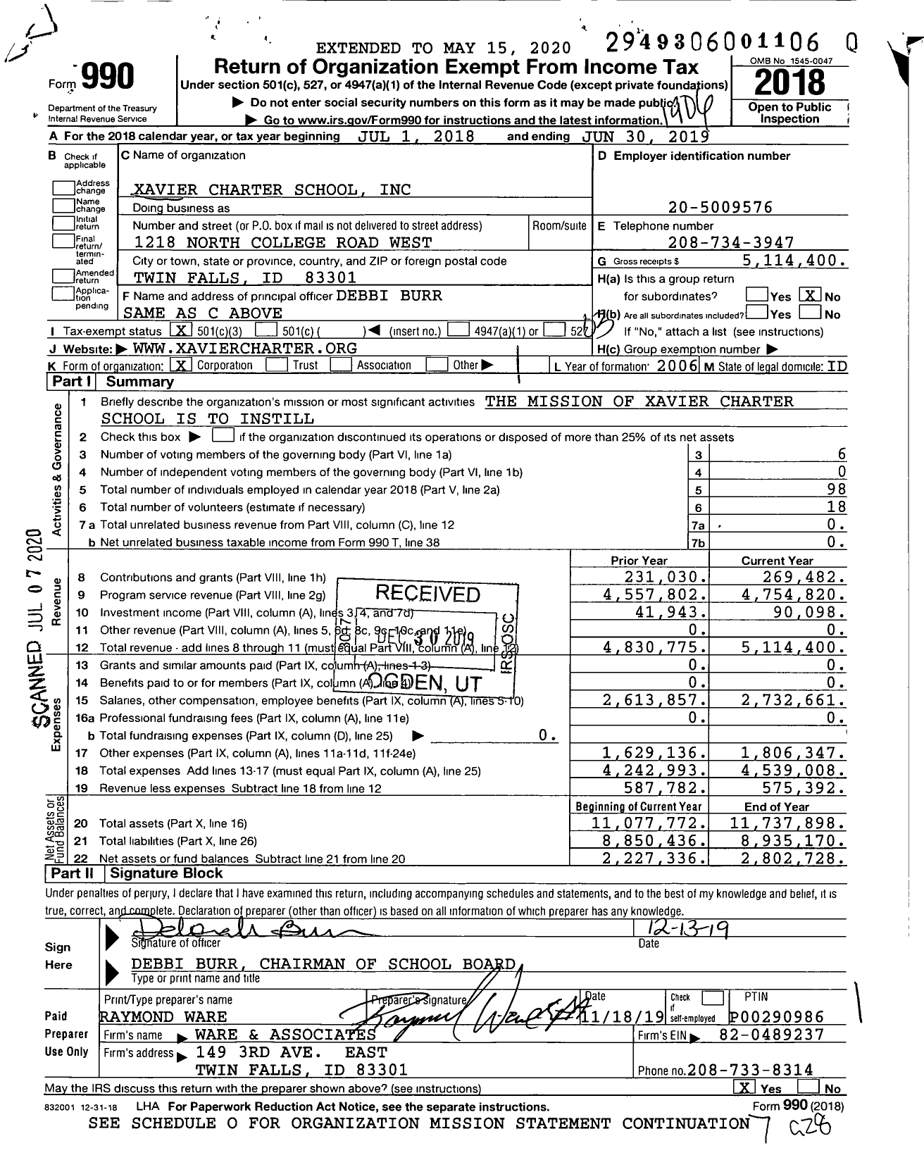 Image of first page of 2018 Form 990 for Xavier Charter School