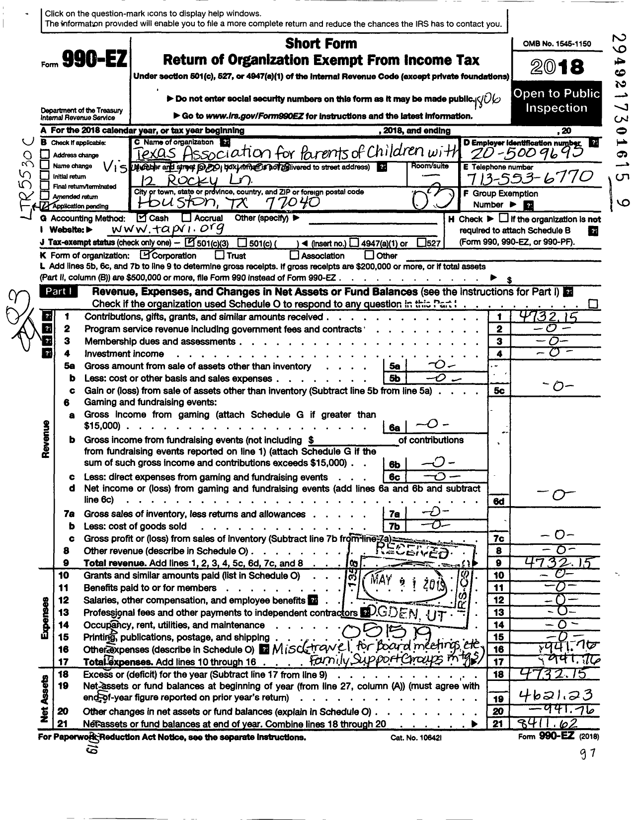 Image of first page of 2017 Form 990EZ for Texas Association for Parents of Children with Visual Impairments