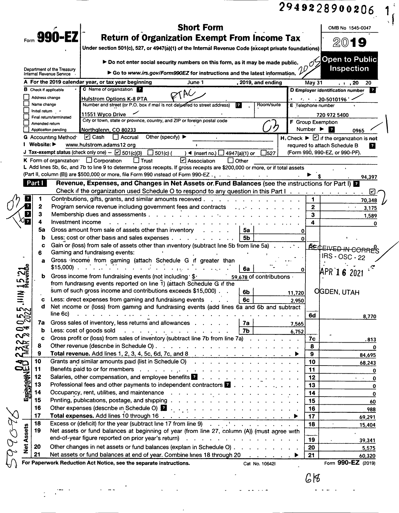 Image of first page of 2019 Form 990EZ for PTA Colorado Congress / Hulstrom Options PTA