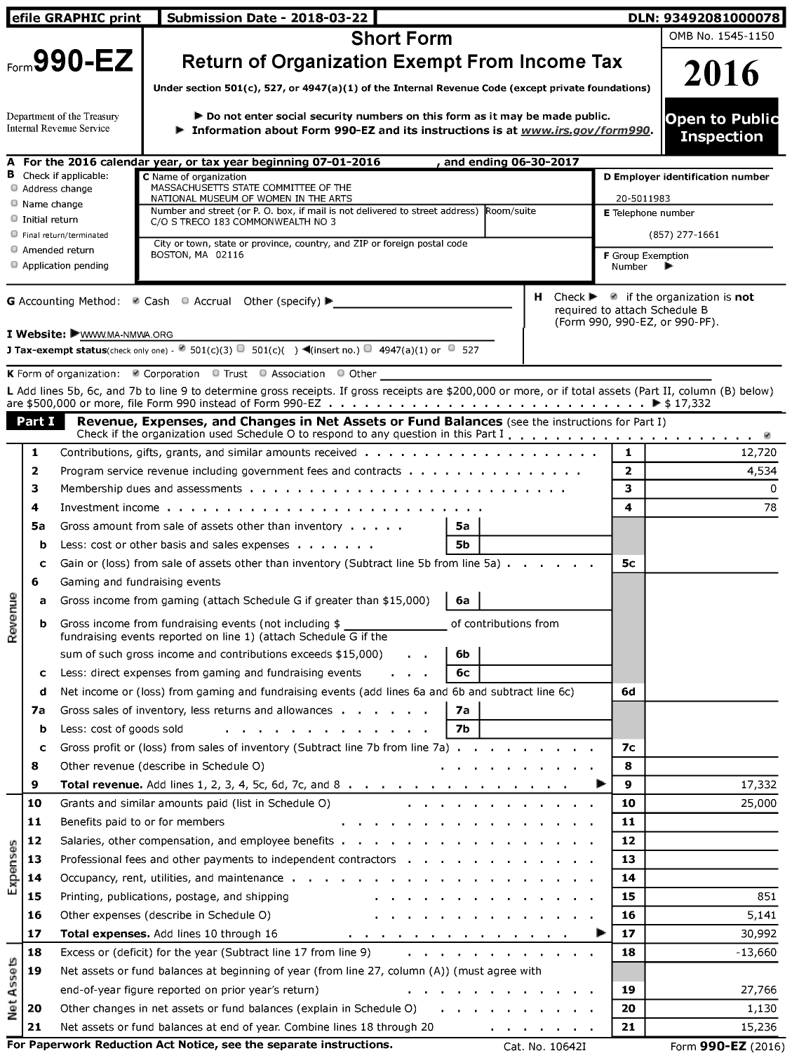 Image of first page of 2016 Form 990EZ for Mass State Committee of the National Museum of Women in the Ar