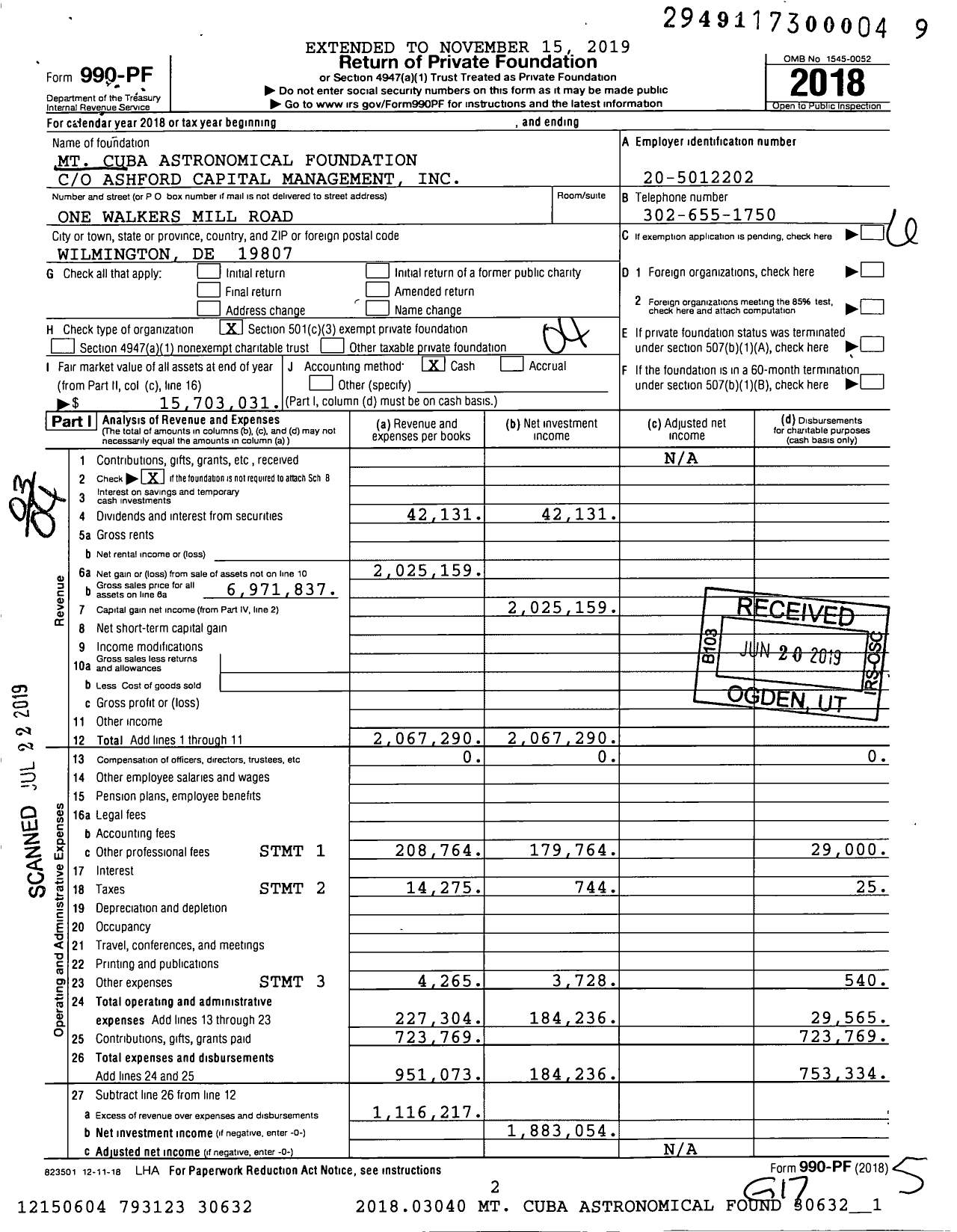 Image of first page of 2018 Form 990PF for MT Cuba Astronomical Foundation