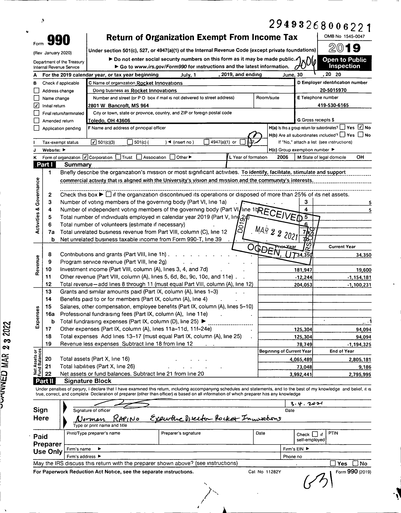 Image of first page of 2019 Form 990 for Rocket Innovations