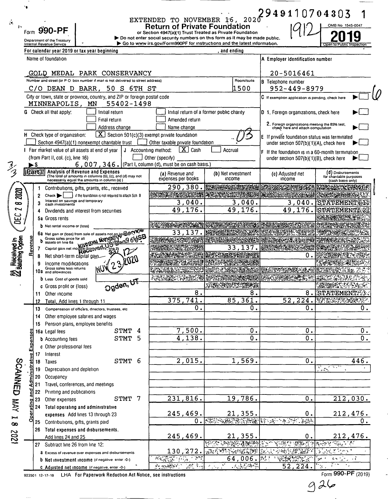 Image of first page of 2019 Form 990PF for Gold Medal Park Conservancy