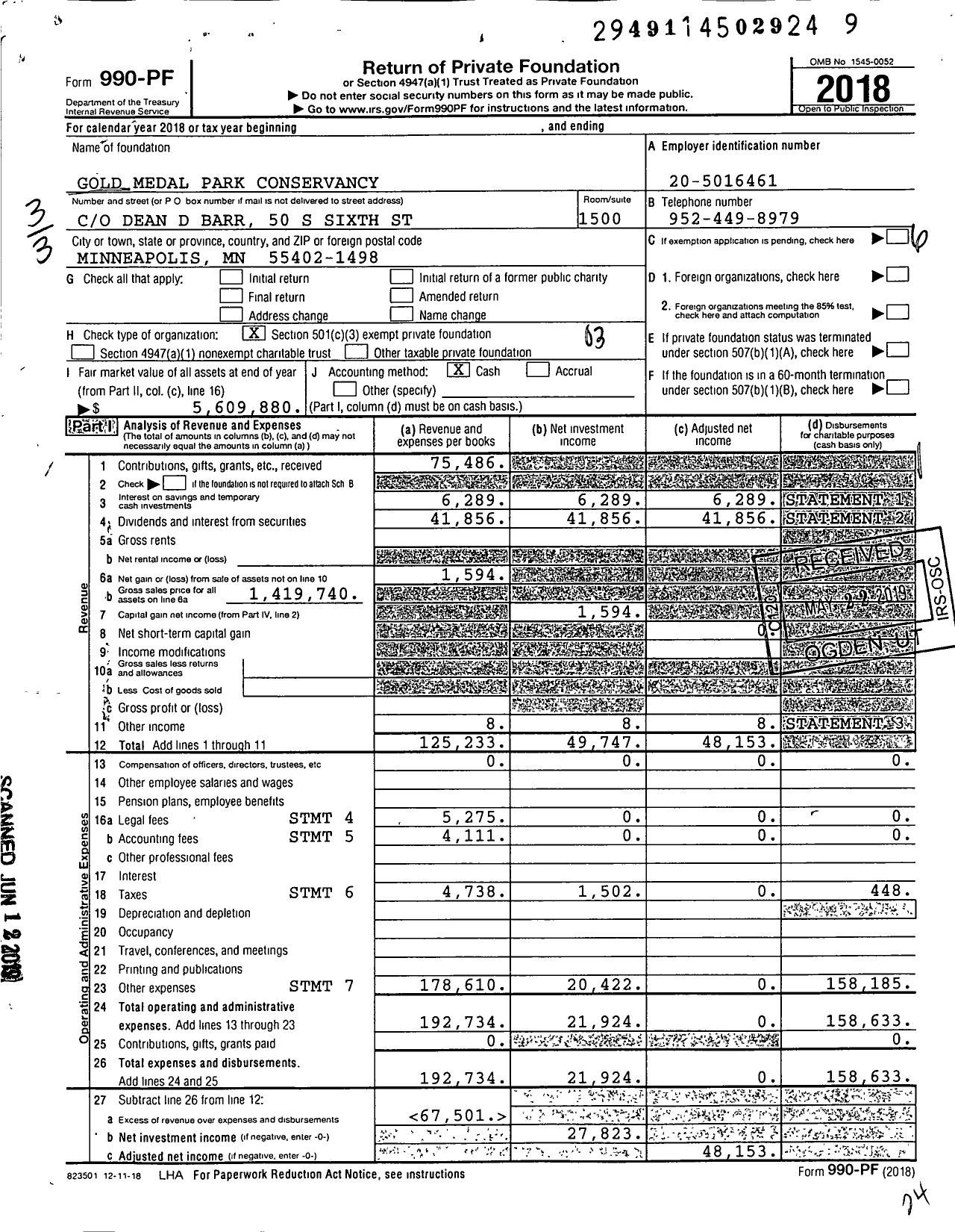 Image of first page of 2018 Form 990PF for Gold Medal Park Conservancy