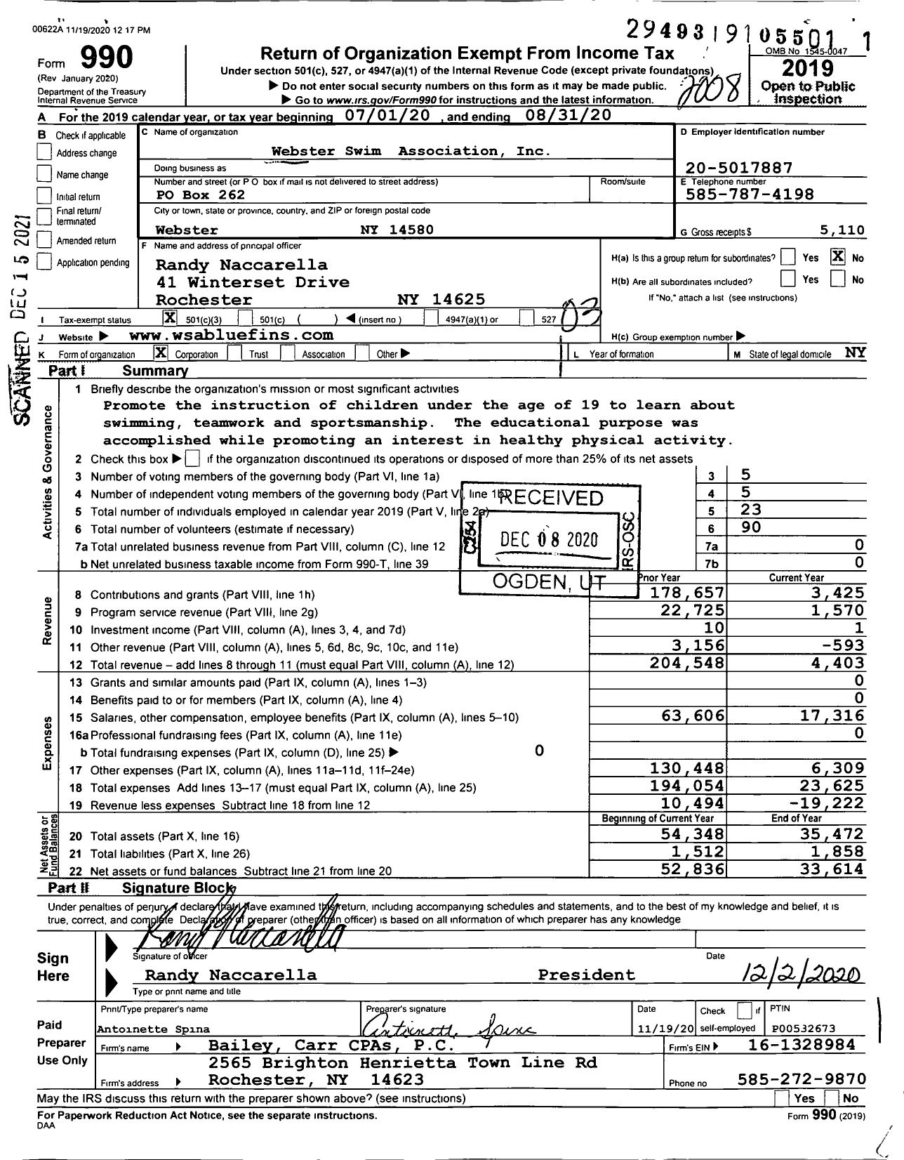 Image of first page of 2019 Form 990 for Webster Swim Association