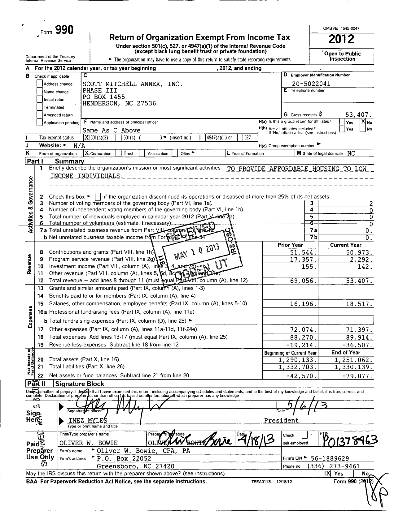 Image of first page of 2012 Form 990 for Scott Mitchell Annex