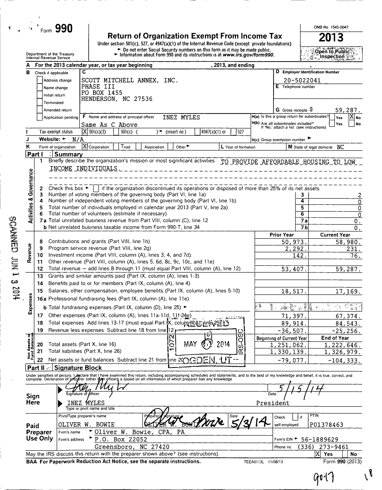 Image of first page of 2013 Form 990 for Scott Mitchell Annex