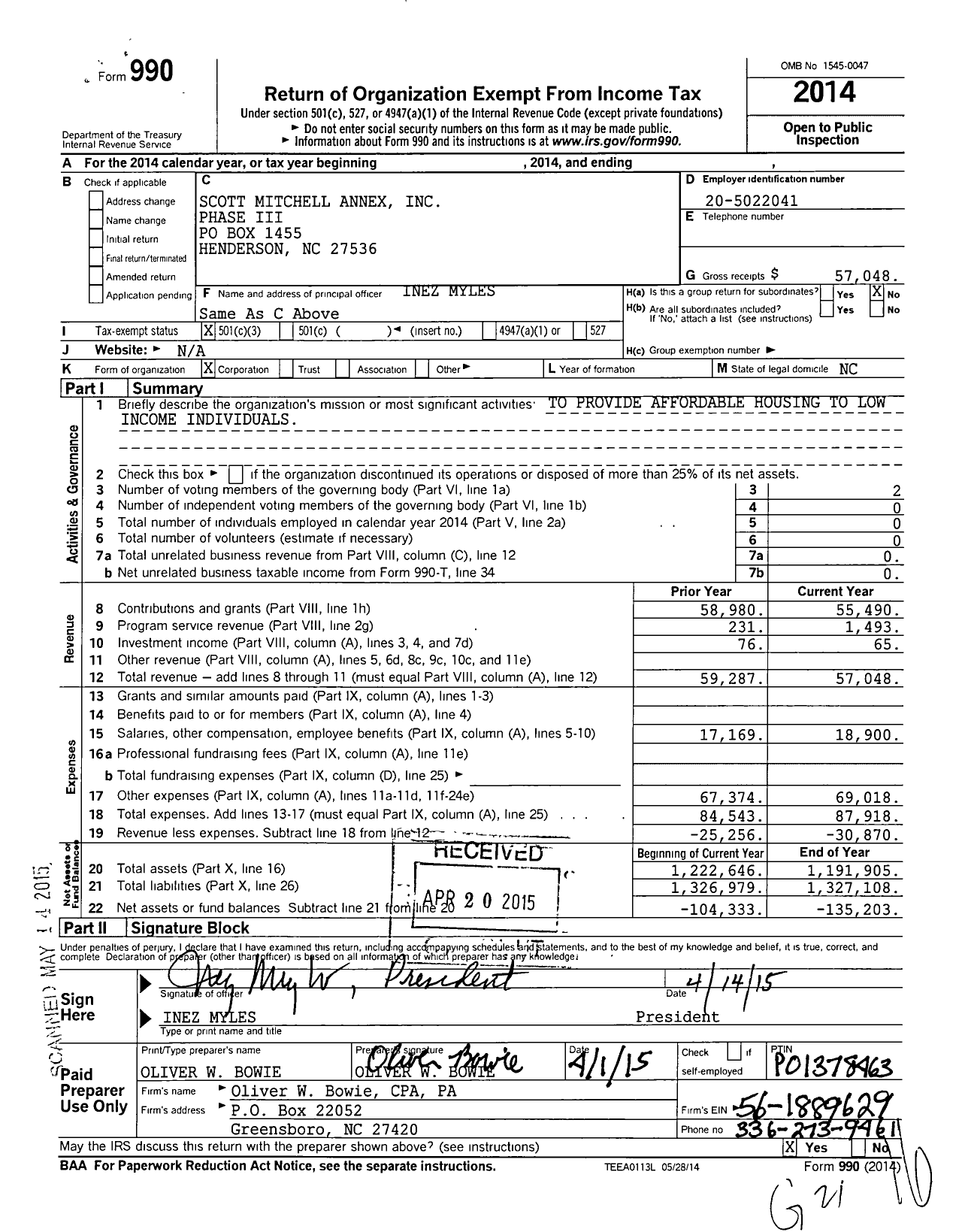 Image of first page of 2014 Form 990 for Scott Mitchell Annex