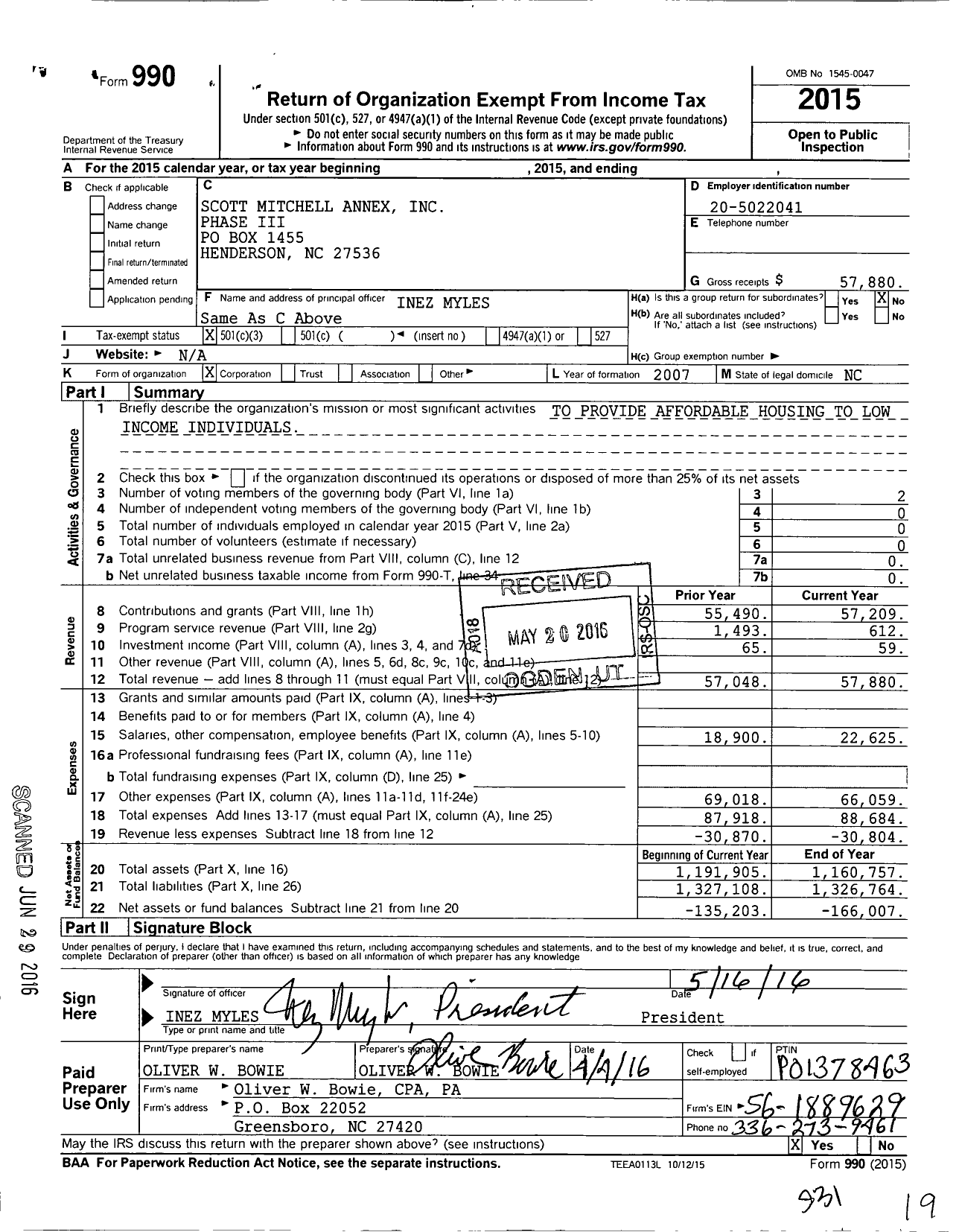 Image of first page of 2015 Form 990 for Scott Mitchell Annex