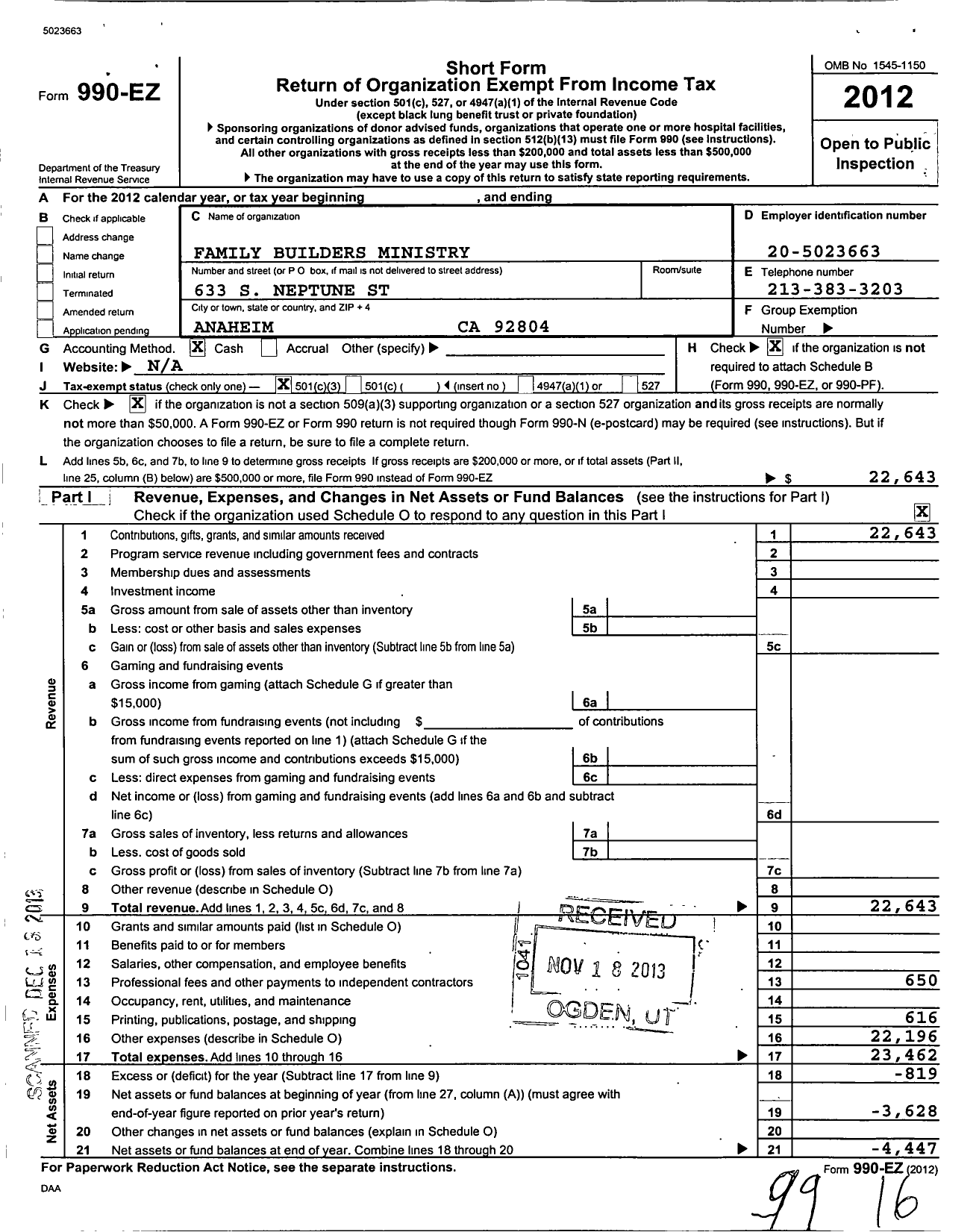 Image of first page of 2012 Form 990EZ for Family Builders Ministry