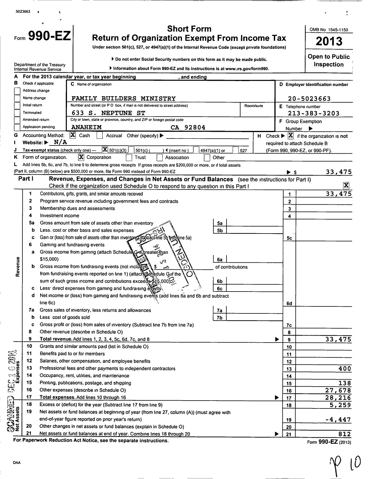 Image of first page of 2013 Form 990EZ for Family Builders Ministry