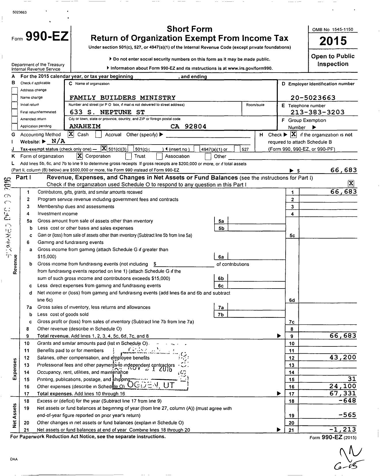 Image of first page of 2015 Form 990EZ for Family Builders Ministry