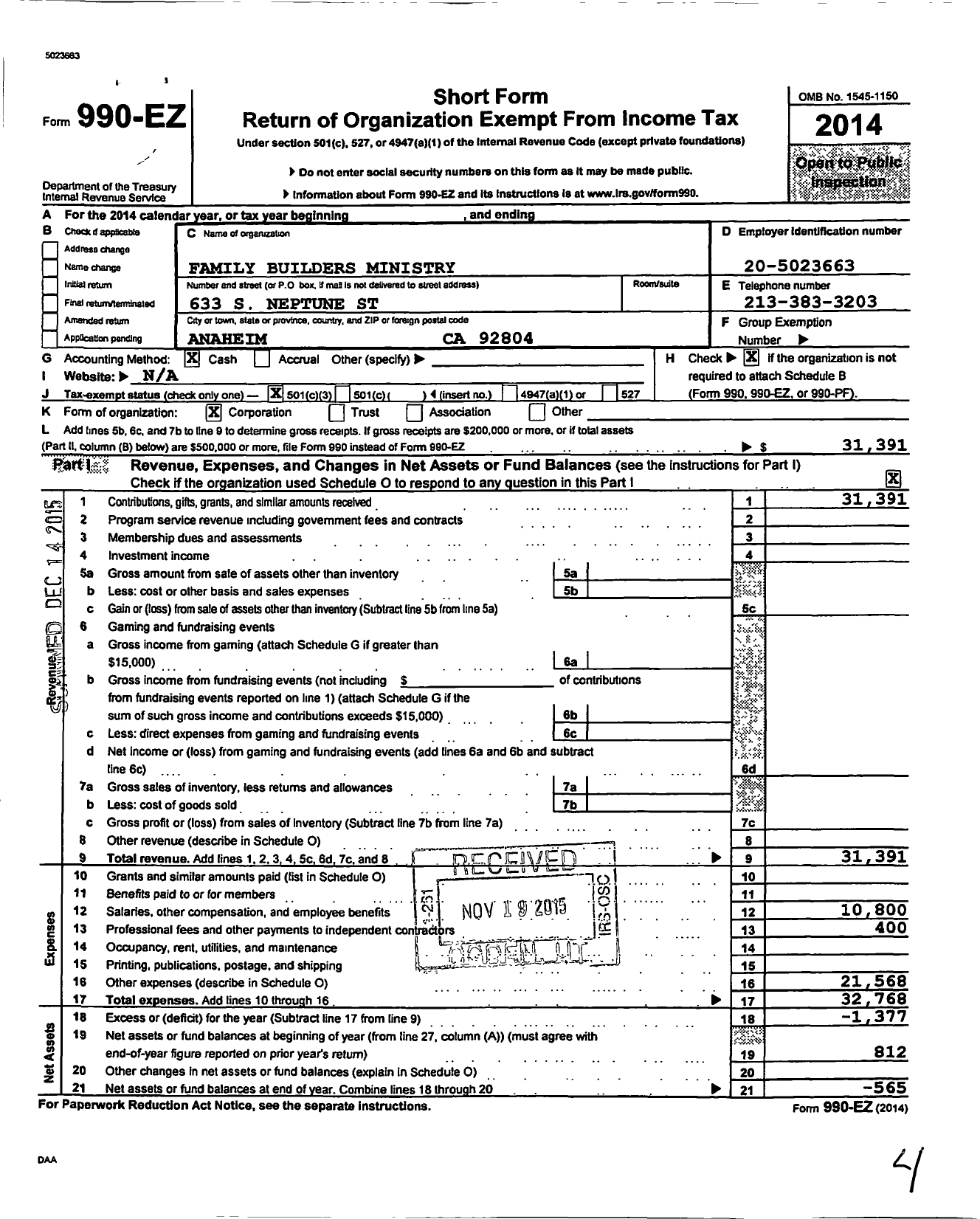 Image of first page of 2014 Form 990EZ for Family Builders Ministry