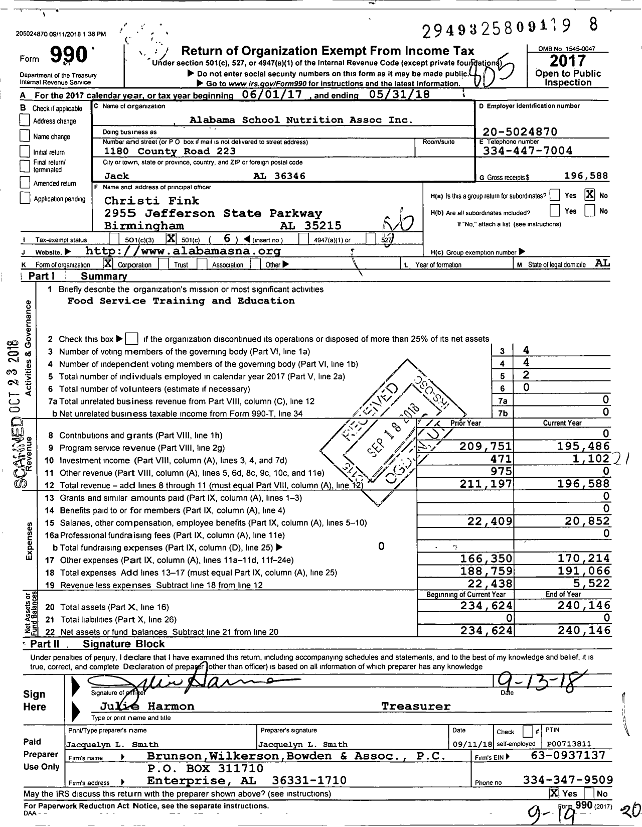 Image of first page of 2017 Form 990O for Alabama School Nutrition Association