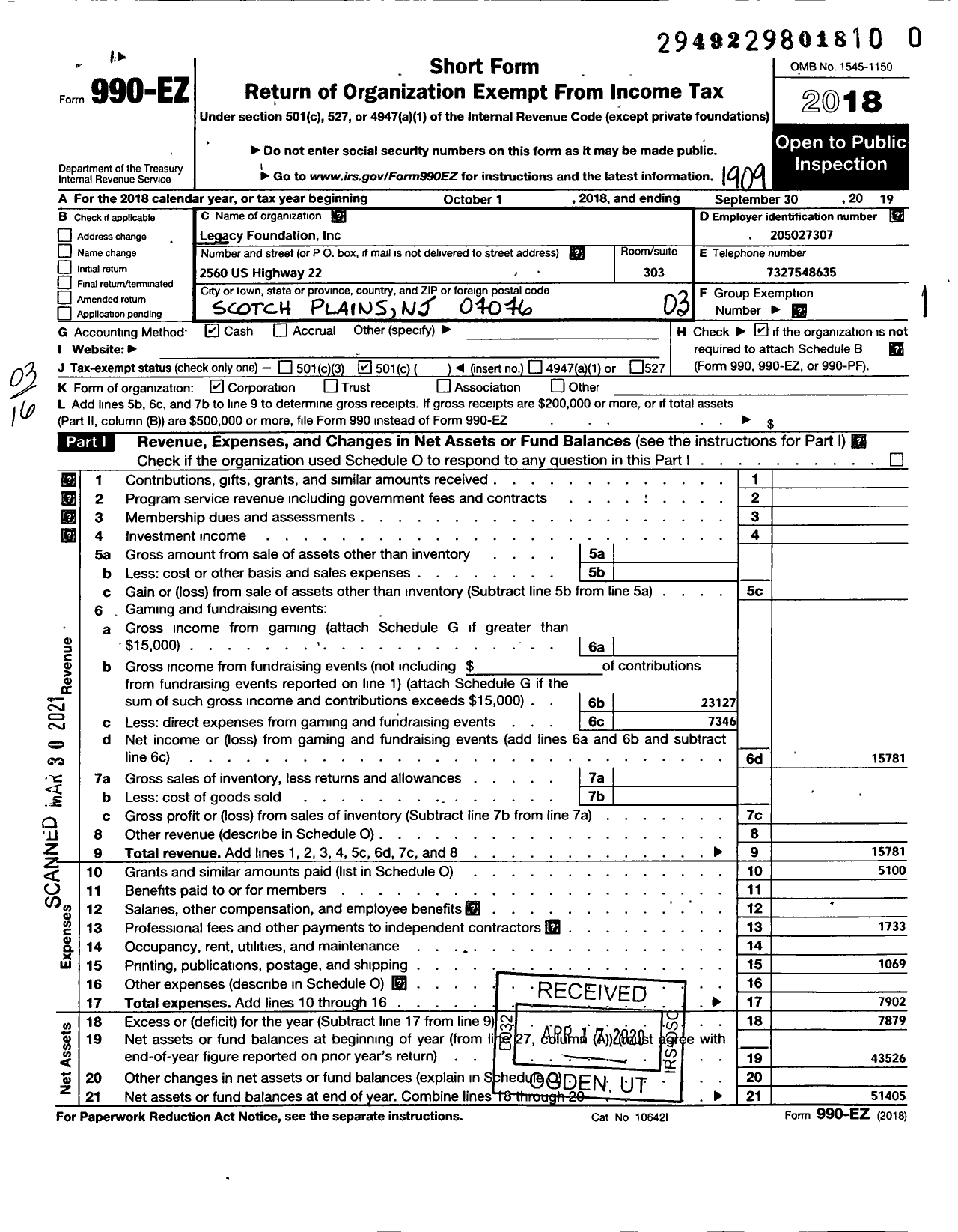 Image of first page of 2018 Form 990EZ for Legacy Foundation Incorporated