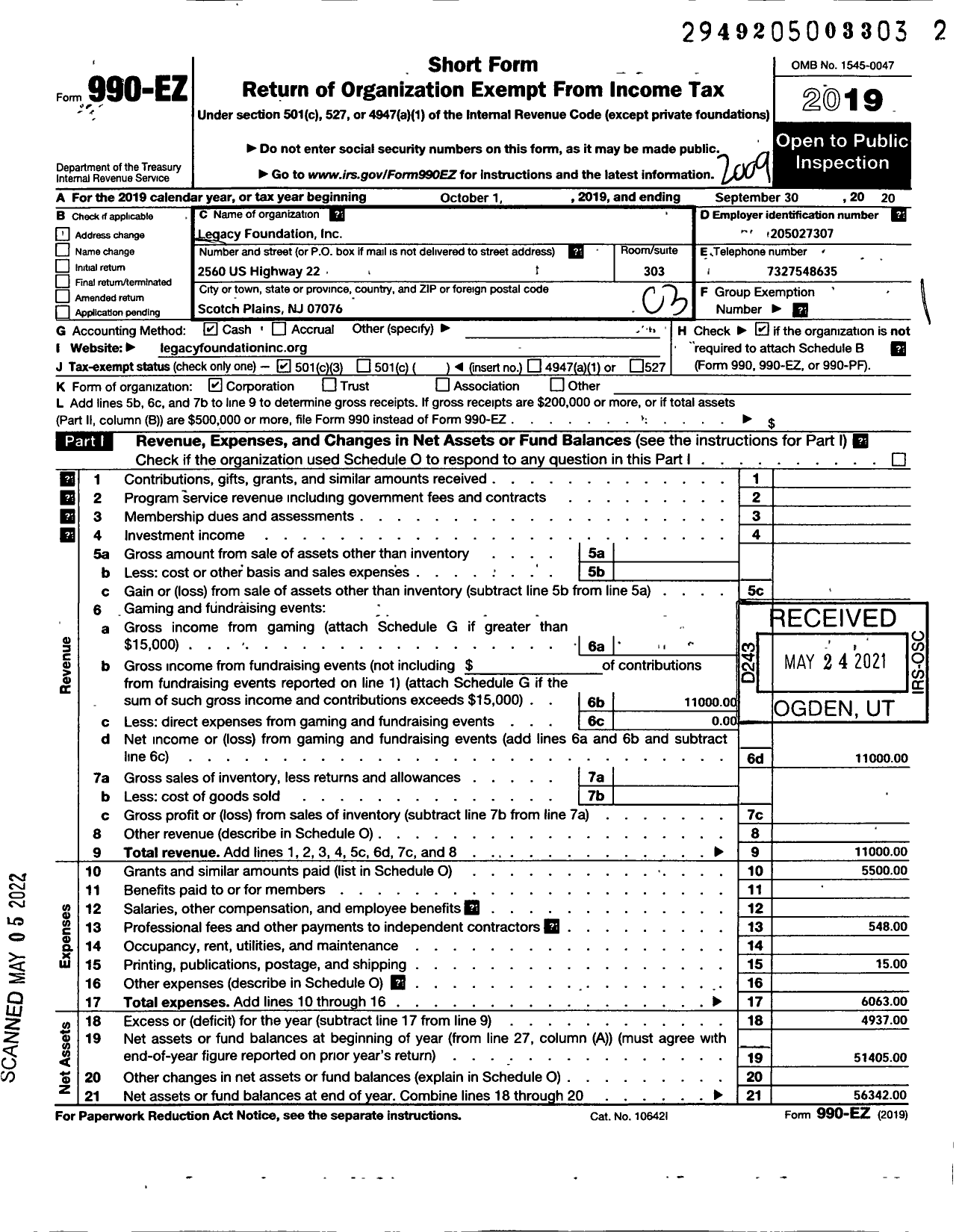 Image of first page of 2019 Form 990EZ for Legacy Foundation Incorporated