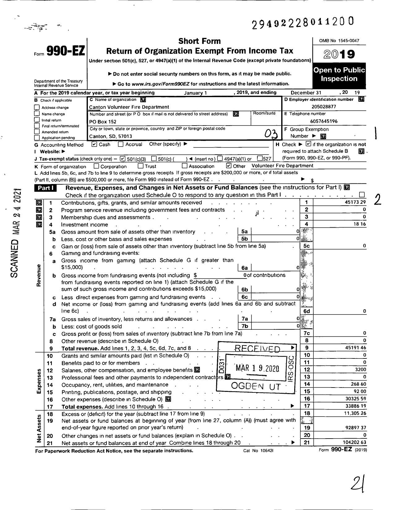 Image of first page of 2019 Form 990EZ for Canton Volunteer Fire Department