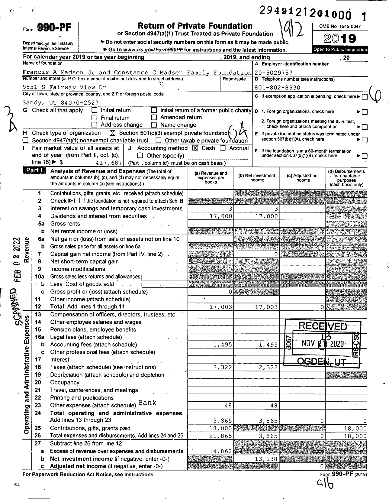 Image of first page of 2019 Form 990PF for Francis A Madsen JR and Constance Cmadsen Family Foundation