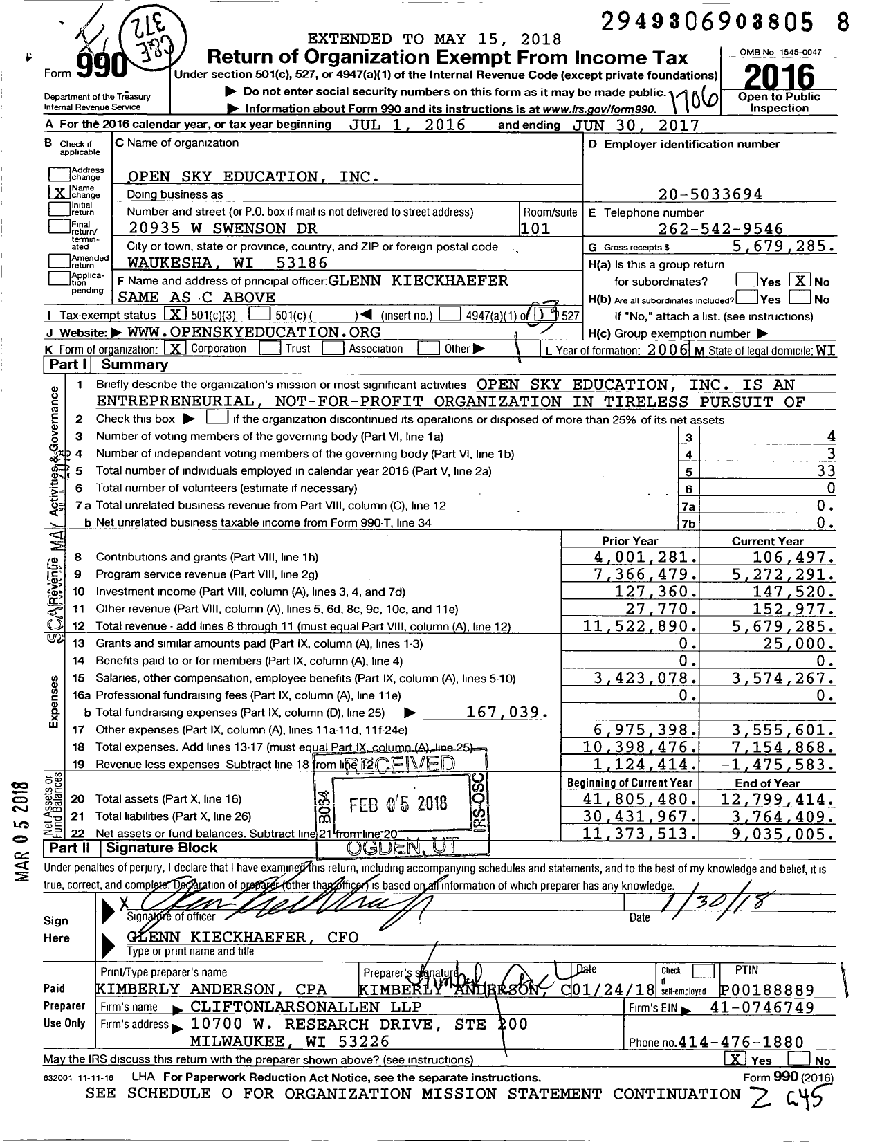 Image of first page of 2016 Form 990 for Open Sky Education