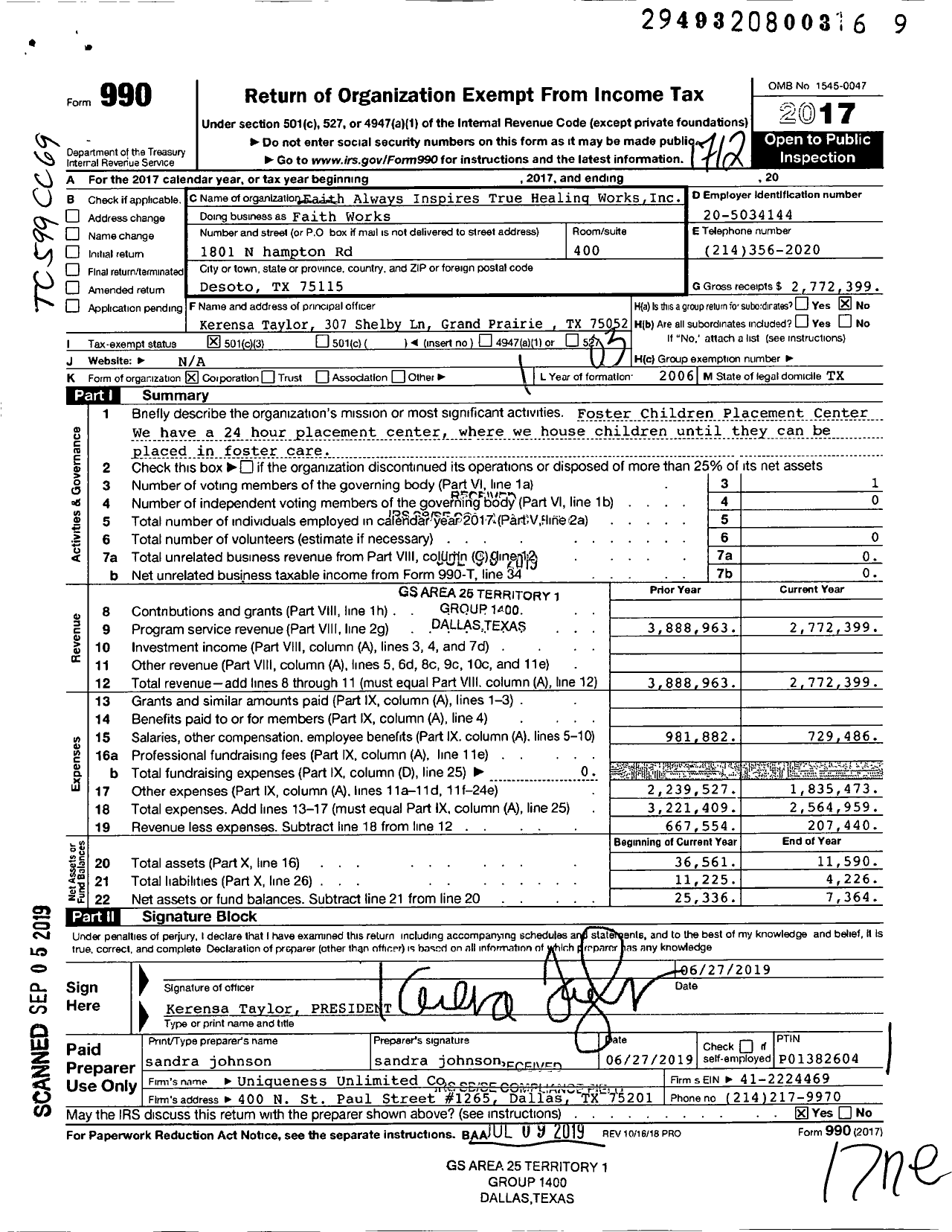 Image of first page of 2017 Form 990 for Faith Always Inspires True Healing Works