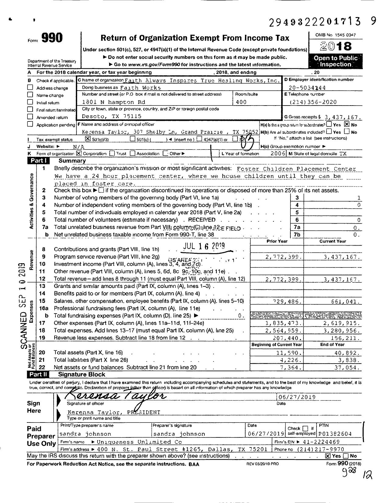 Image of first page of 2018 Form 990 for Faith Always Inspires True Healing Works