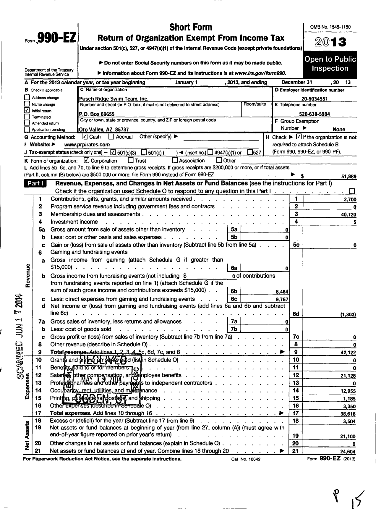 Image of first page of 2013 Form 990EZ for Oro Valley Swim Team