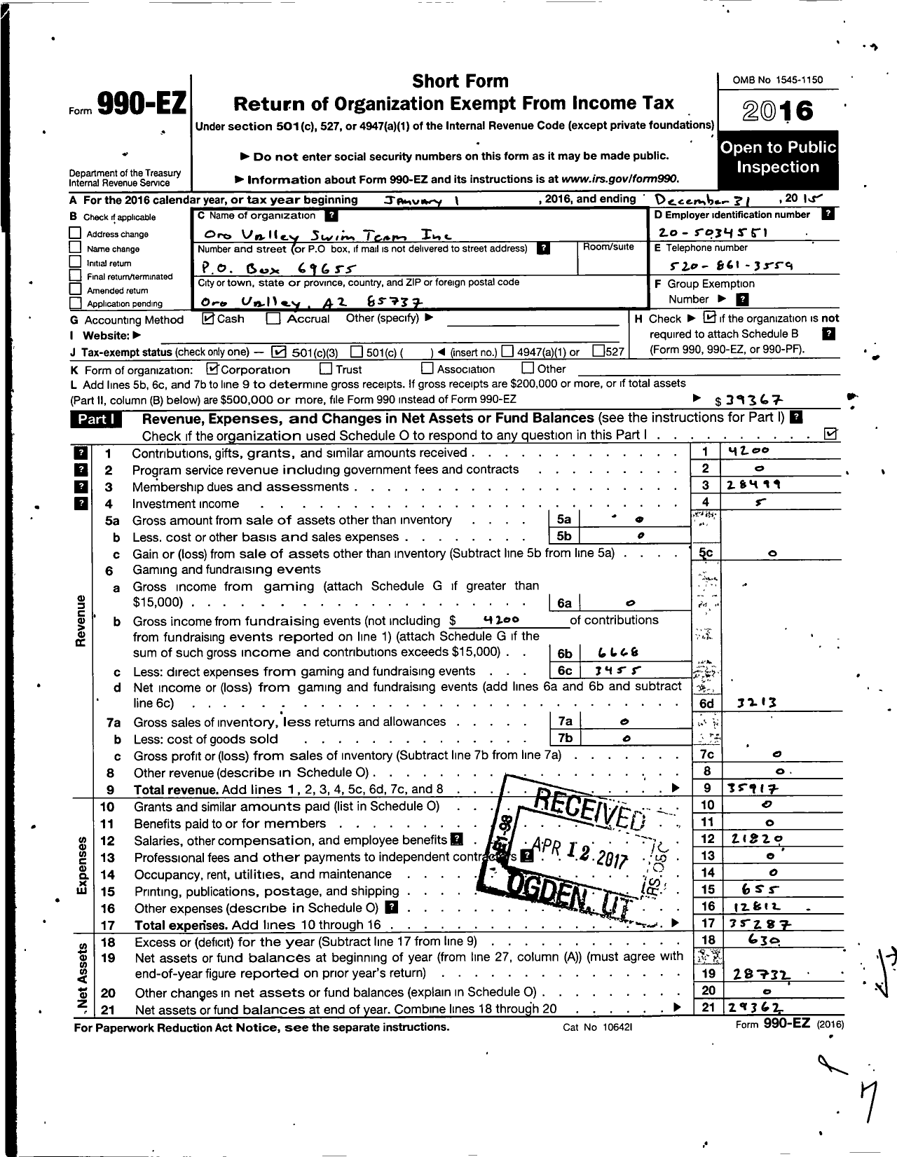 Image of first page of 2015 Form 990EZ for Oro Valley Swim Team