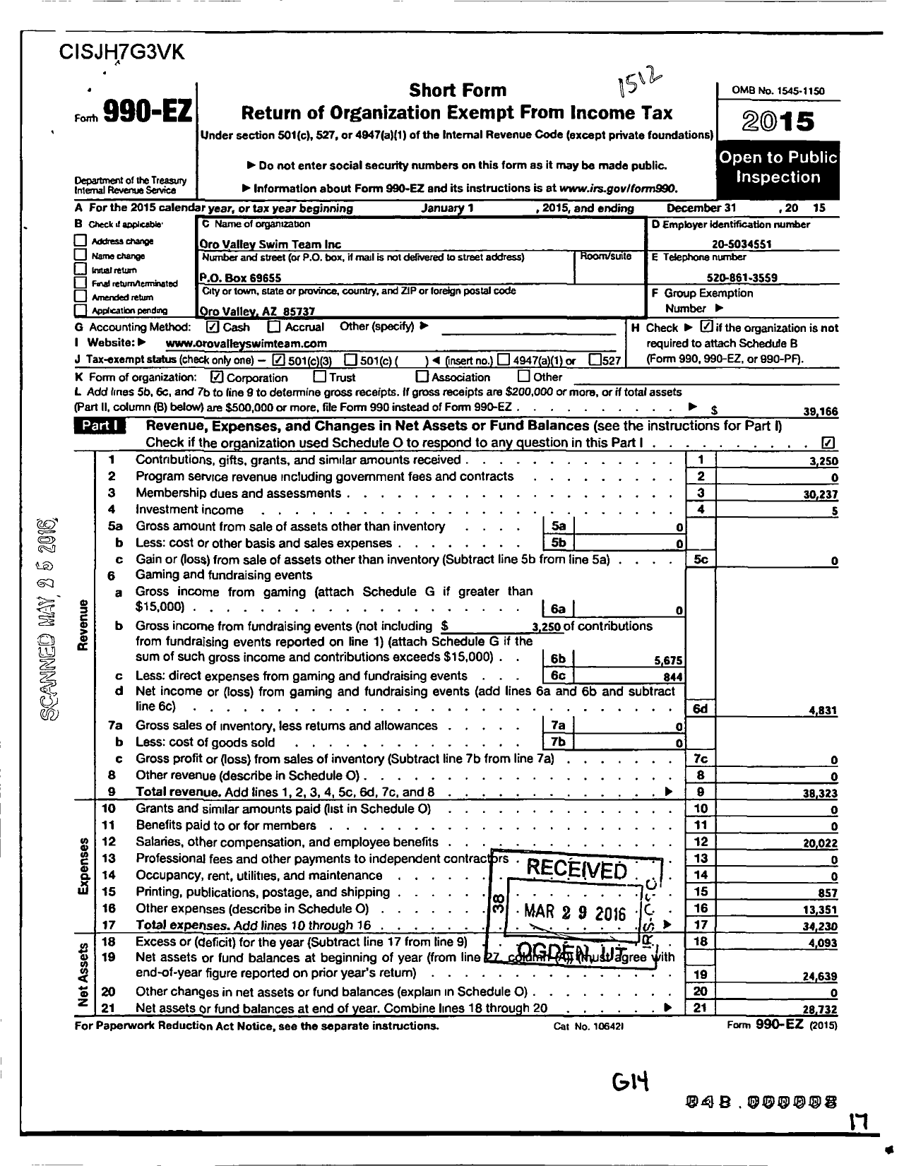 Image of first page of 2015 Form 990EZ for Oro Valley Swim Team