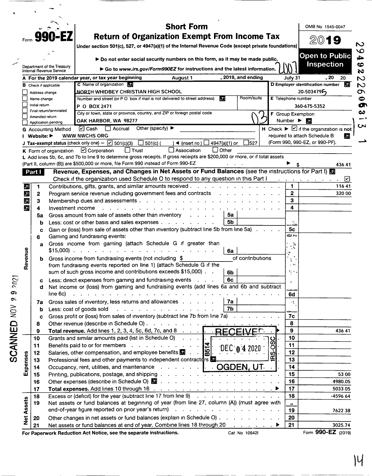 Image of first page of 2019 Form 990EZ for North Whidbey Christian High School