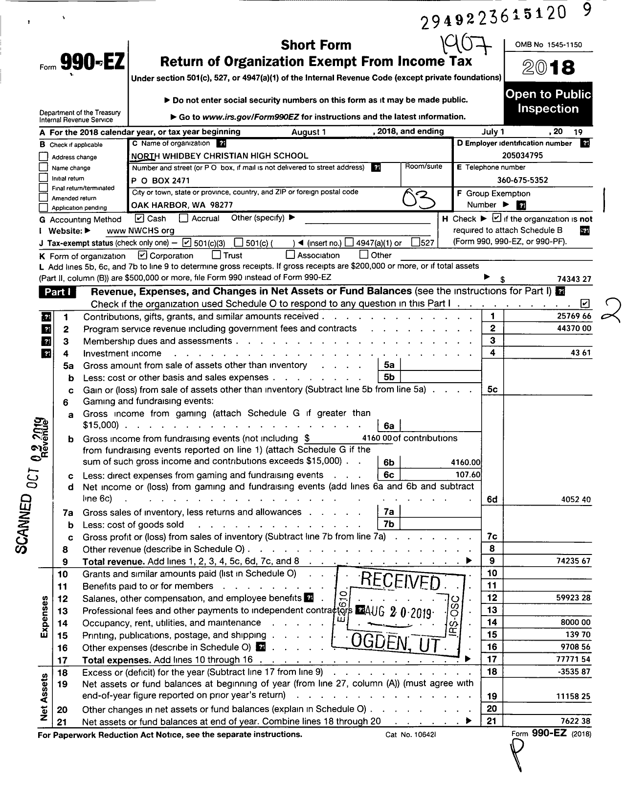 Image of first page of 2018 Form 990EZ for North Whidbey Christian High School