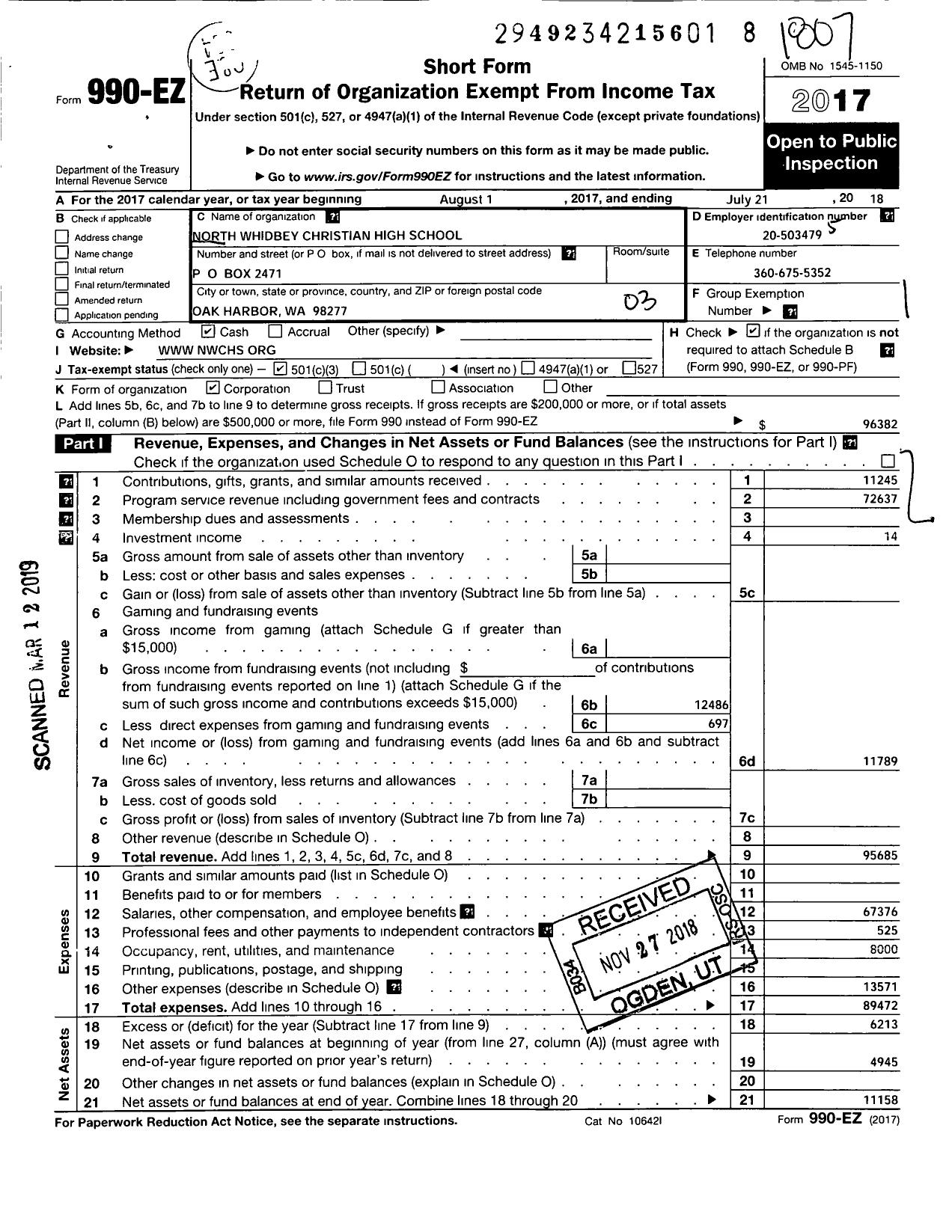 Image of first page of 2017 Form 990EZ for North Whidbey Christian High School