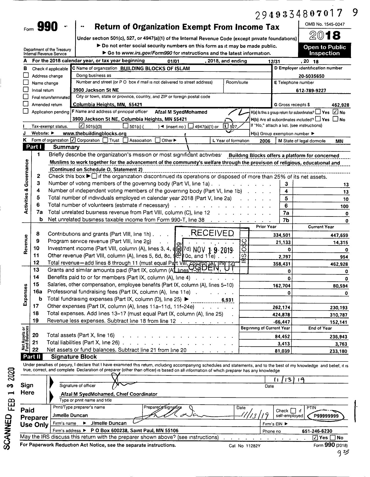 Image of first page of 2018 Form 990 for Building Blocks of Islam