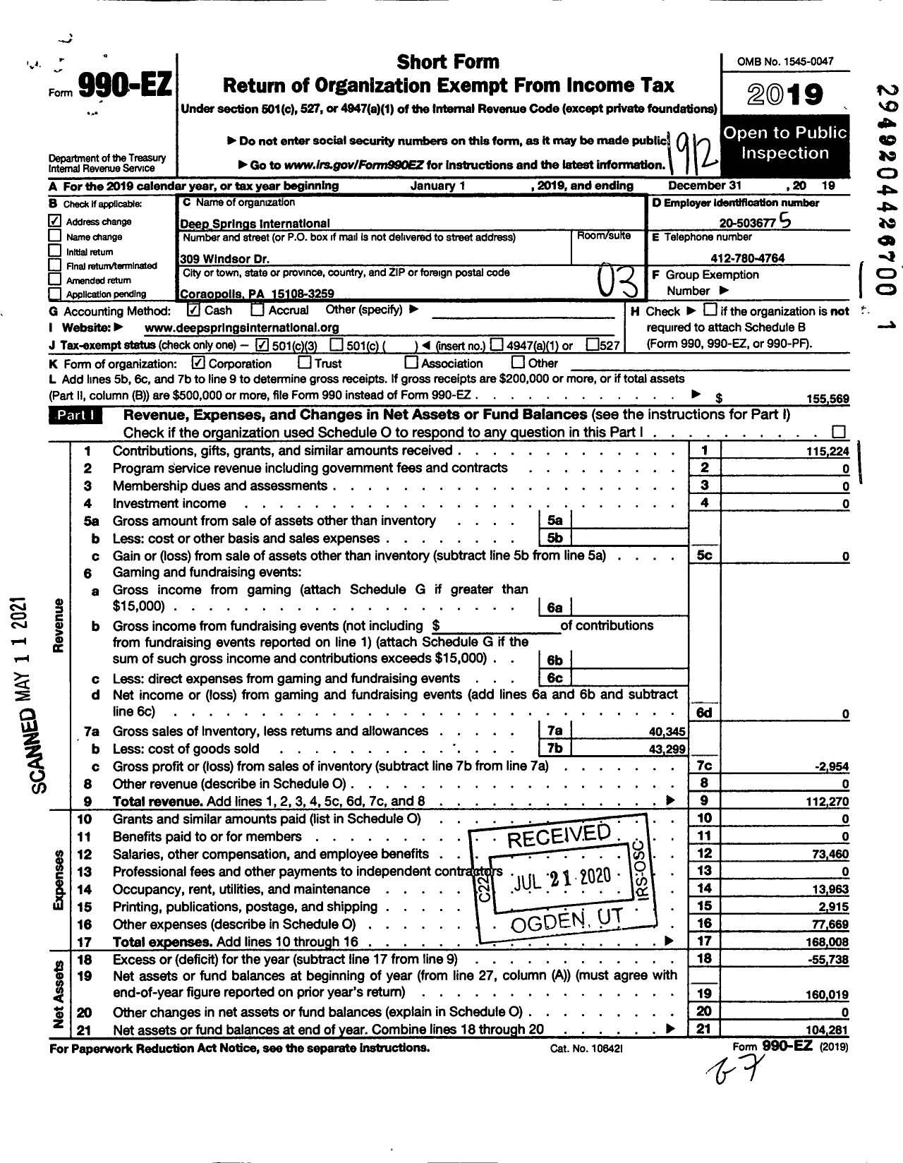 Image of first page of 2019 Form 990EZ for Deep Springs International