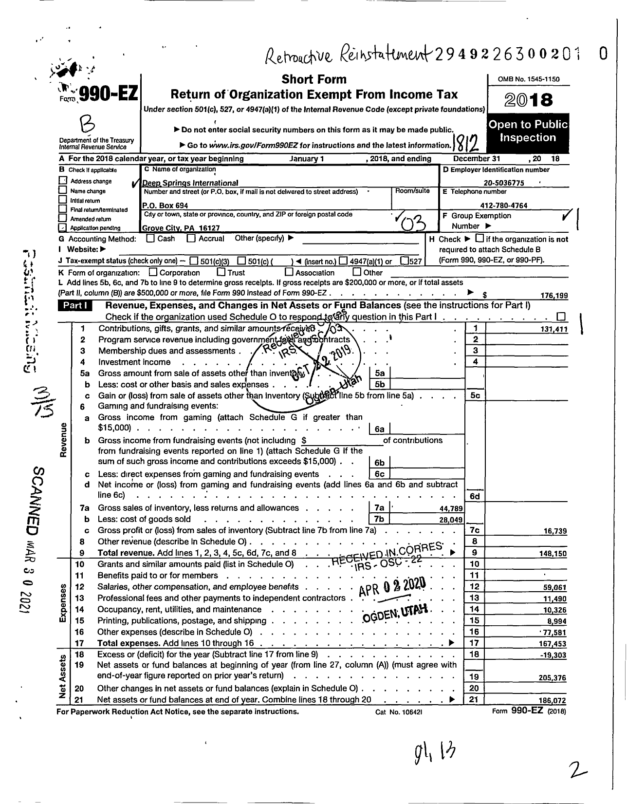 Image of first page of 2018 Form 990EZ for Deep Springs International