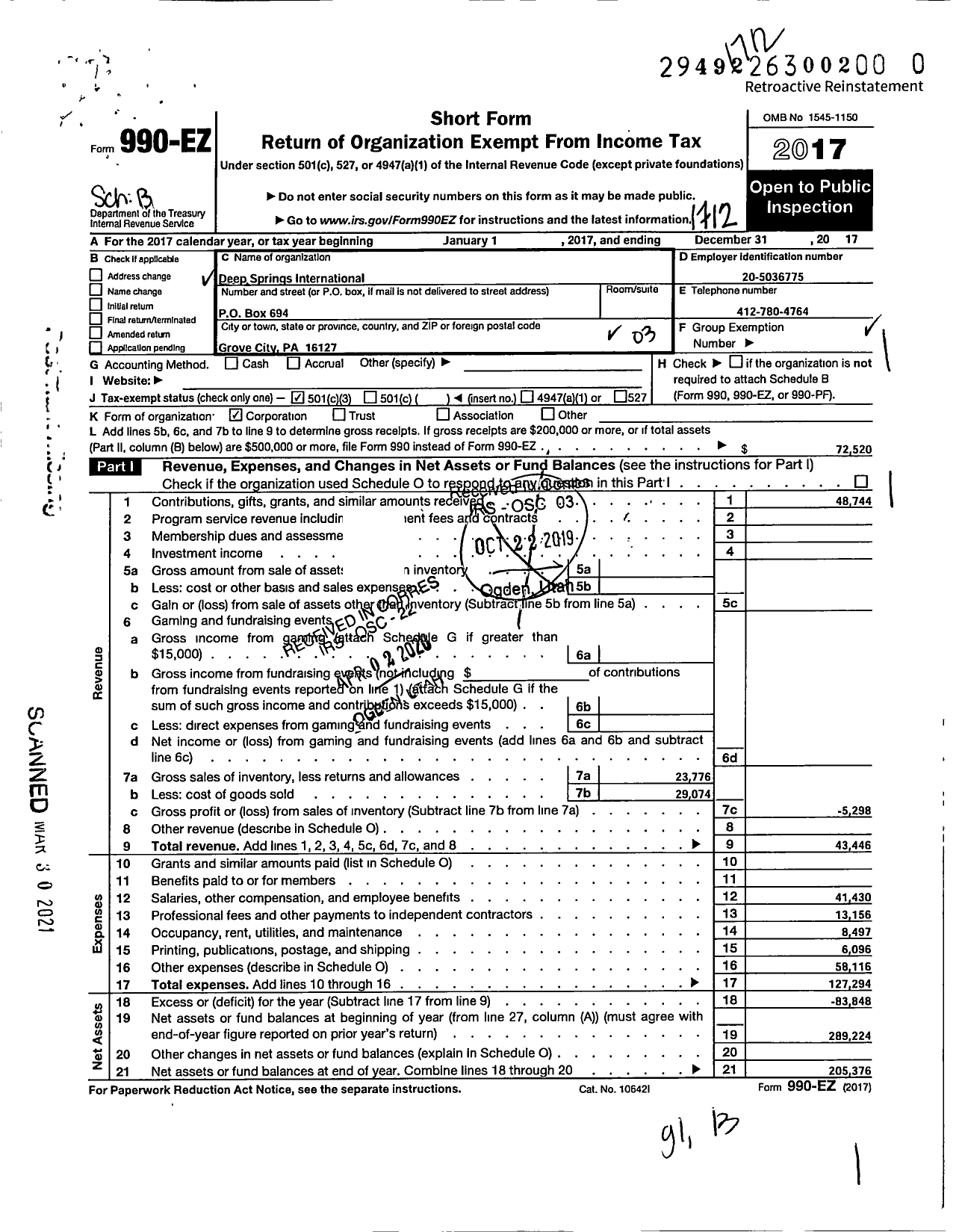 Image of first page of 2017 Form 990EZ for Deep Springs International