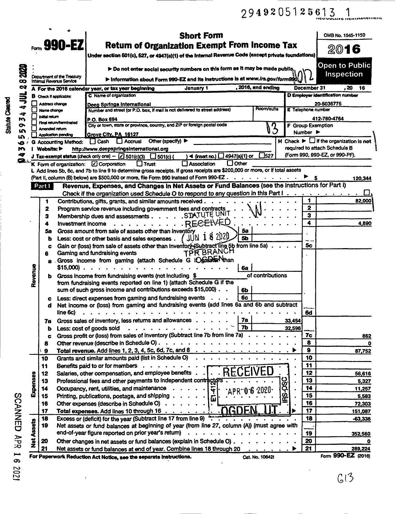 Image of first page of 2016 Form 990EZ for Deep Springs International