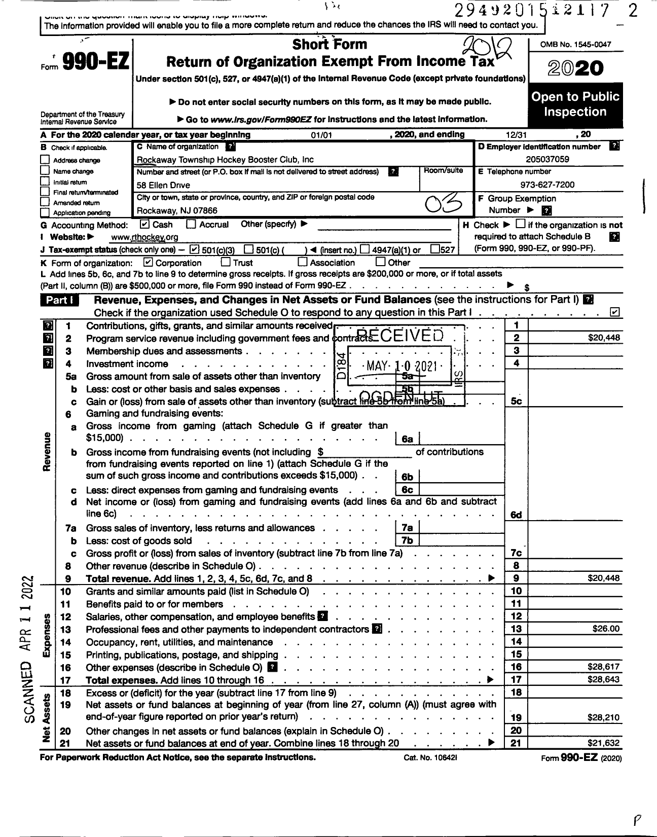 Image of first page of 2020 Form 990EZ for Rockaway Township Hockey Boosterclub